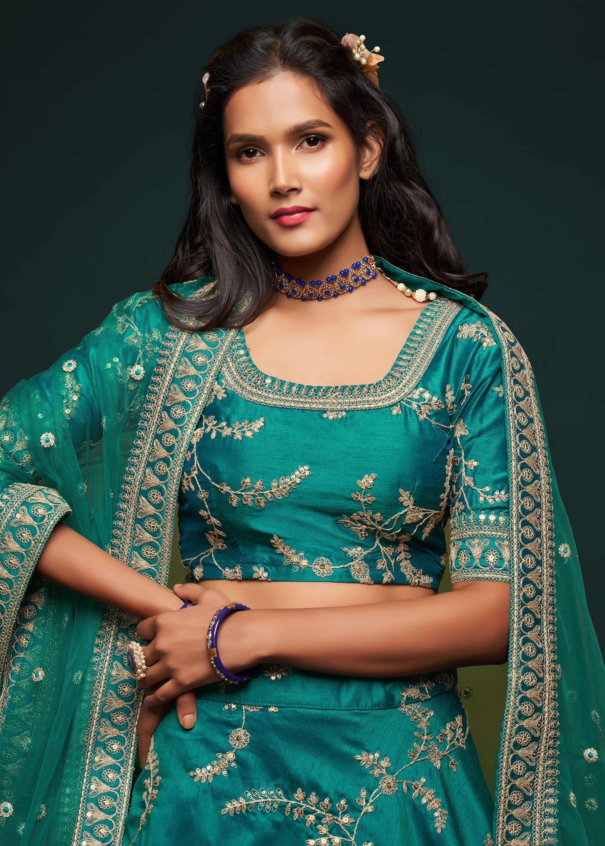 Green Art Silk Lehenga Choli With Thread, Zari, Dori and Sequins Embroidery Work