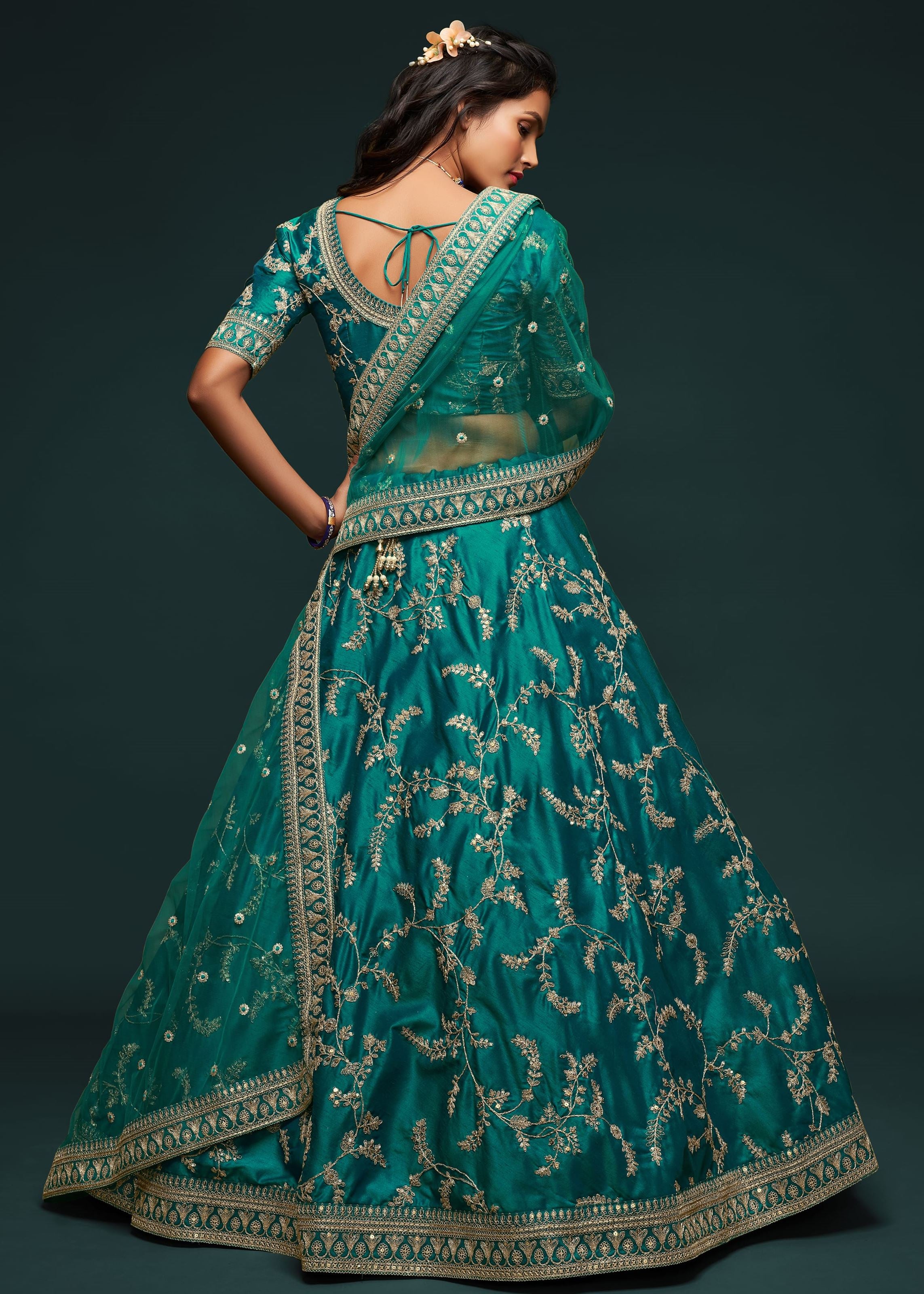 Green Art Silk Lehenga Choli With Thread, Zari, Dori and Sequins Embroidery Work