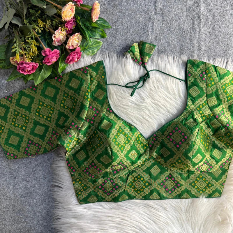 Green Banarasi Jacquard Patola Designer Blouse  Silk Partywear Readymade Blouse