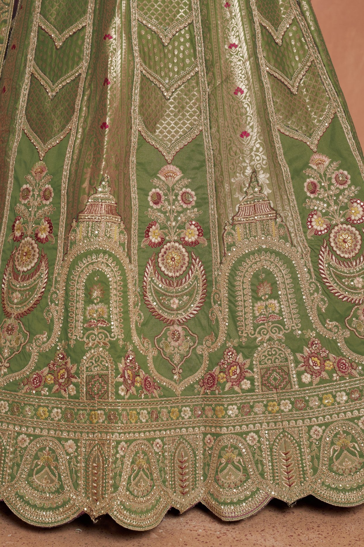 Green Banarasi Silk Floral Zari Embroidered Bridal Lehenga Choli