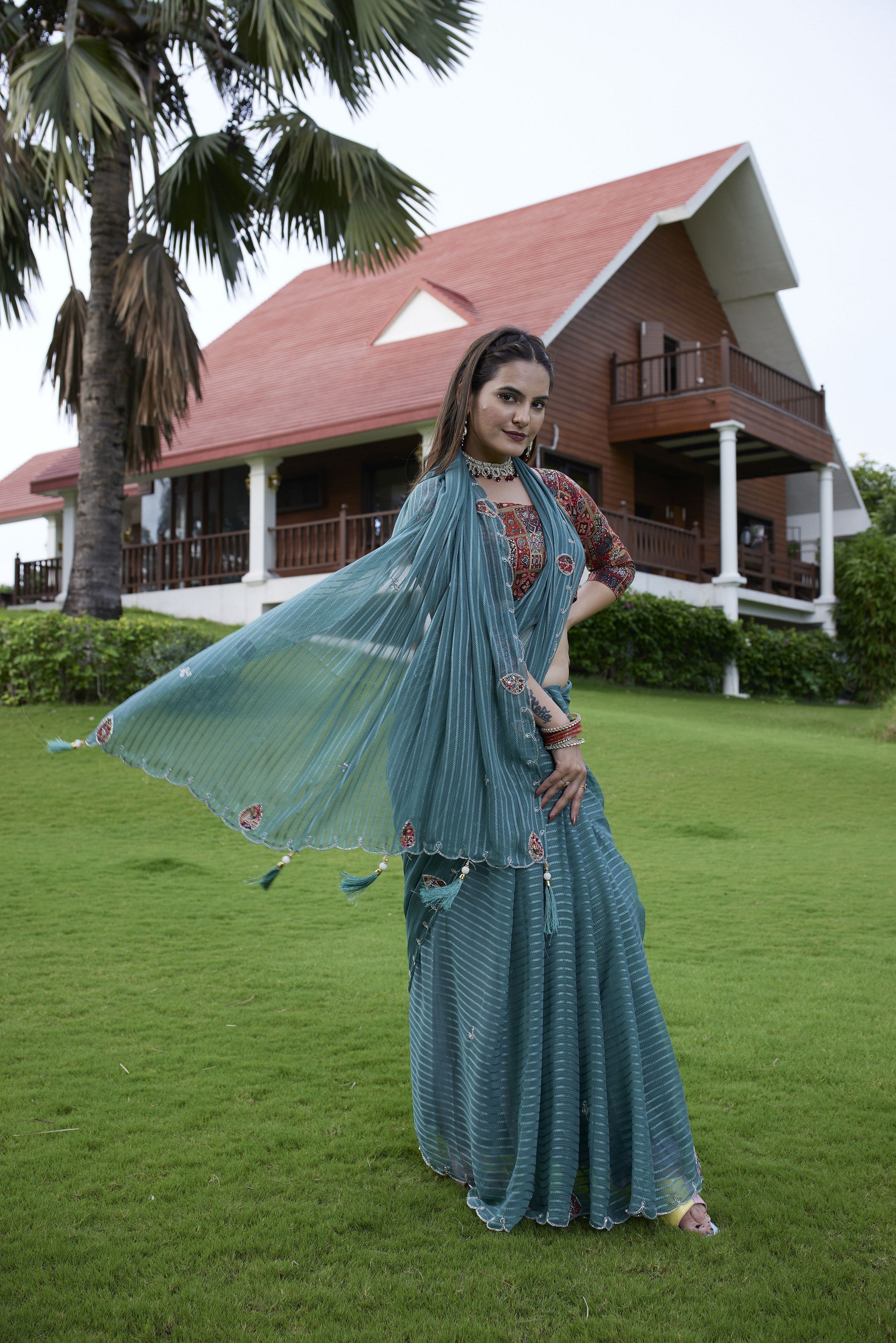 Green Beautiful Designer Girlie Trendy Saree