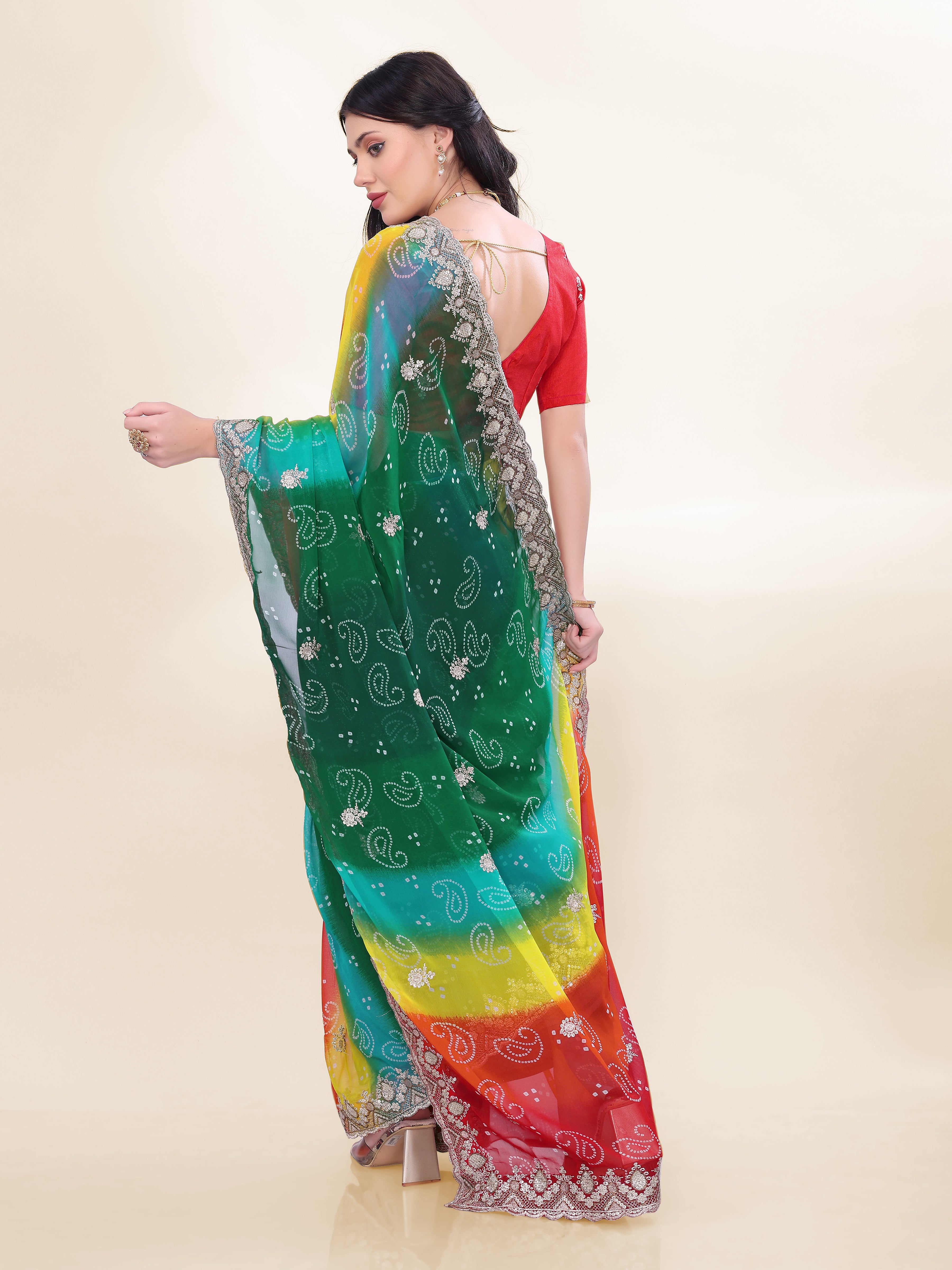 Green Beautiful Georgette Bandhej Printed Festive Saree