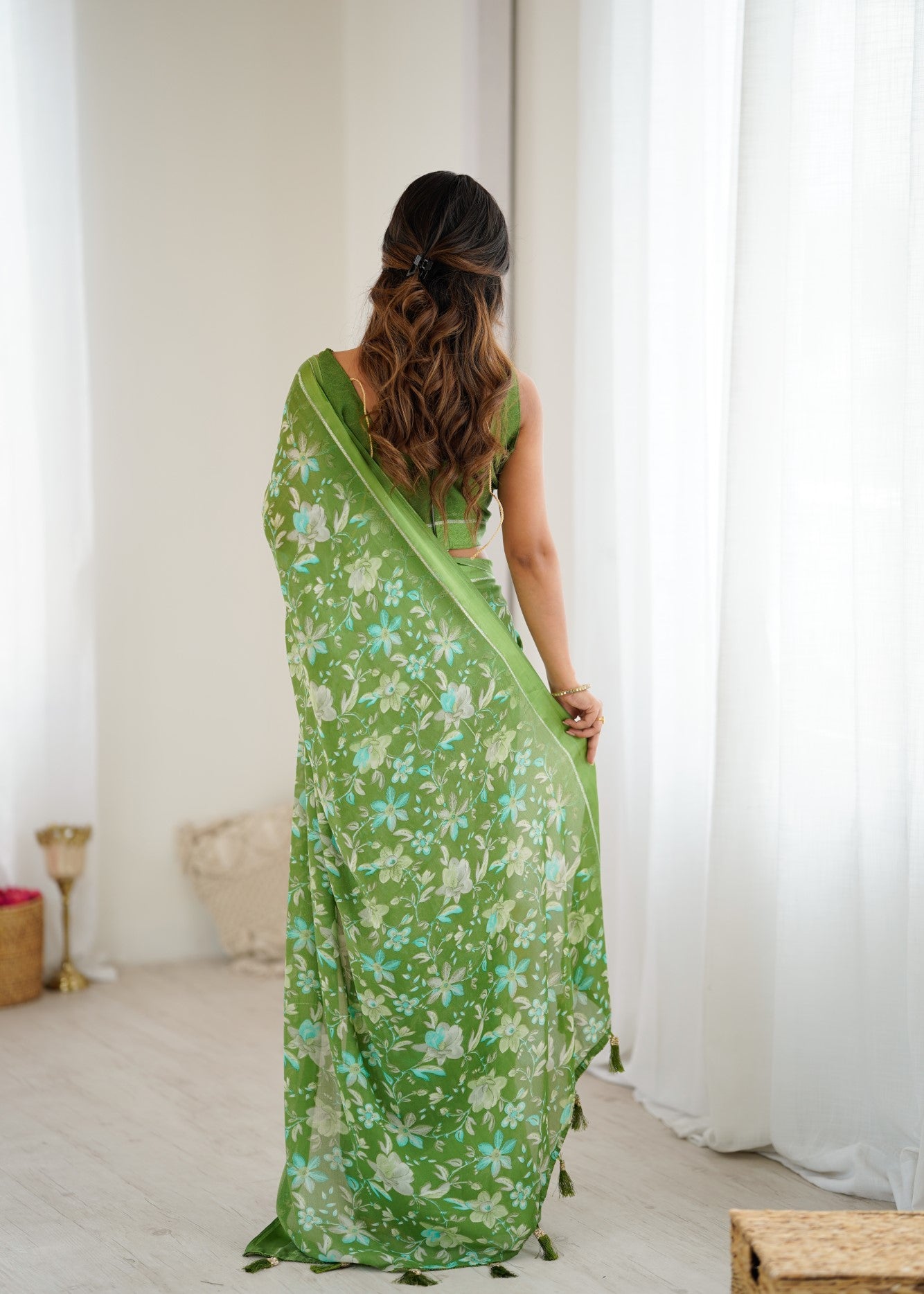 Green Bright Moss Satin Patta Saree With Embroidery Work