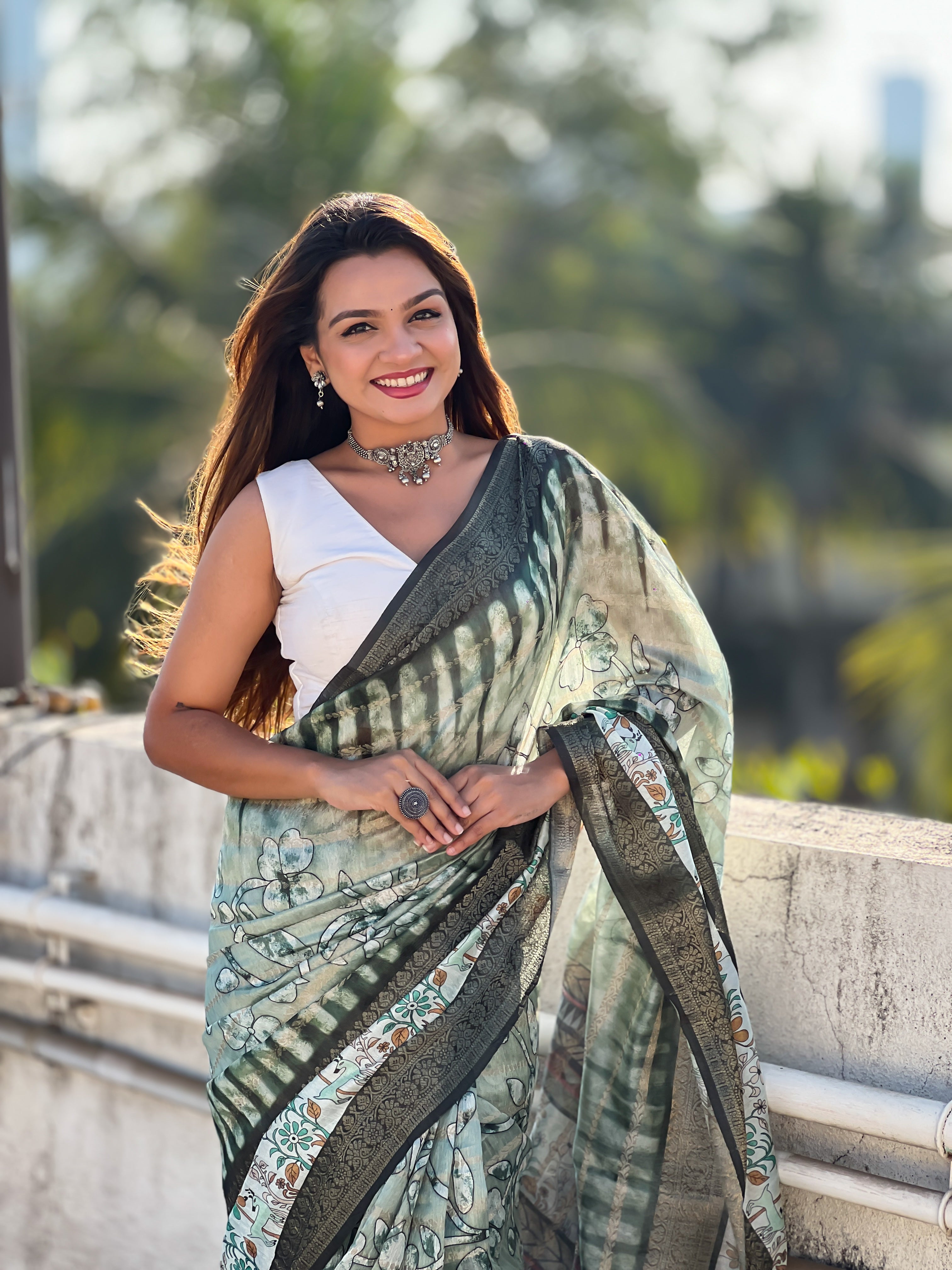 Green Chanderi Crush Printed With Woven Jari Designer Elegant Sophisticated Saree