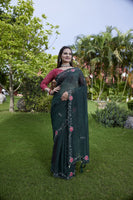 Green Chiffon Beautiful Heavy Traditonal Rich Festive Saree