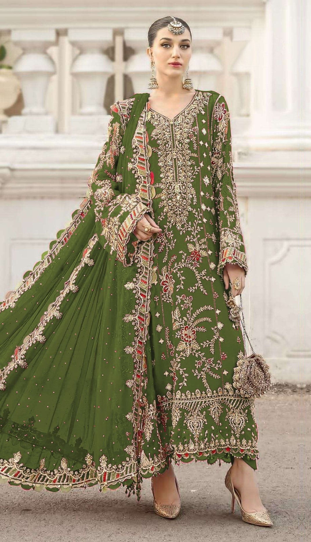 Green Chiffon Designer Suit Set With Delicate Embroidery