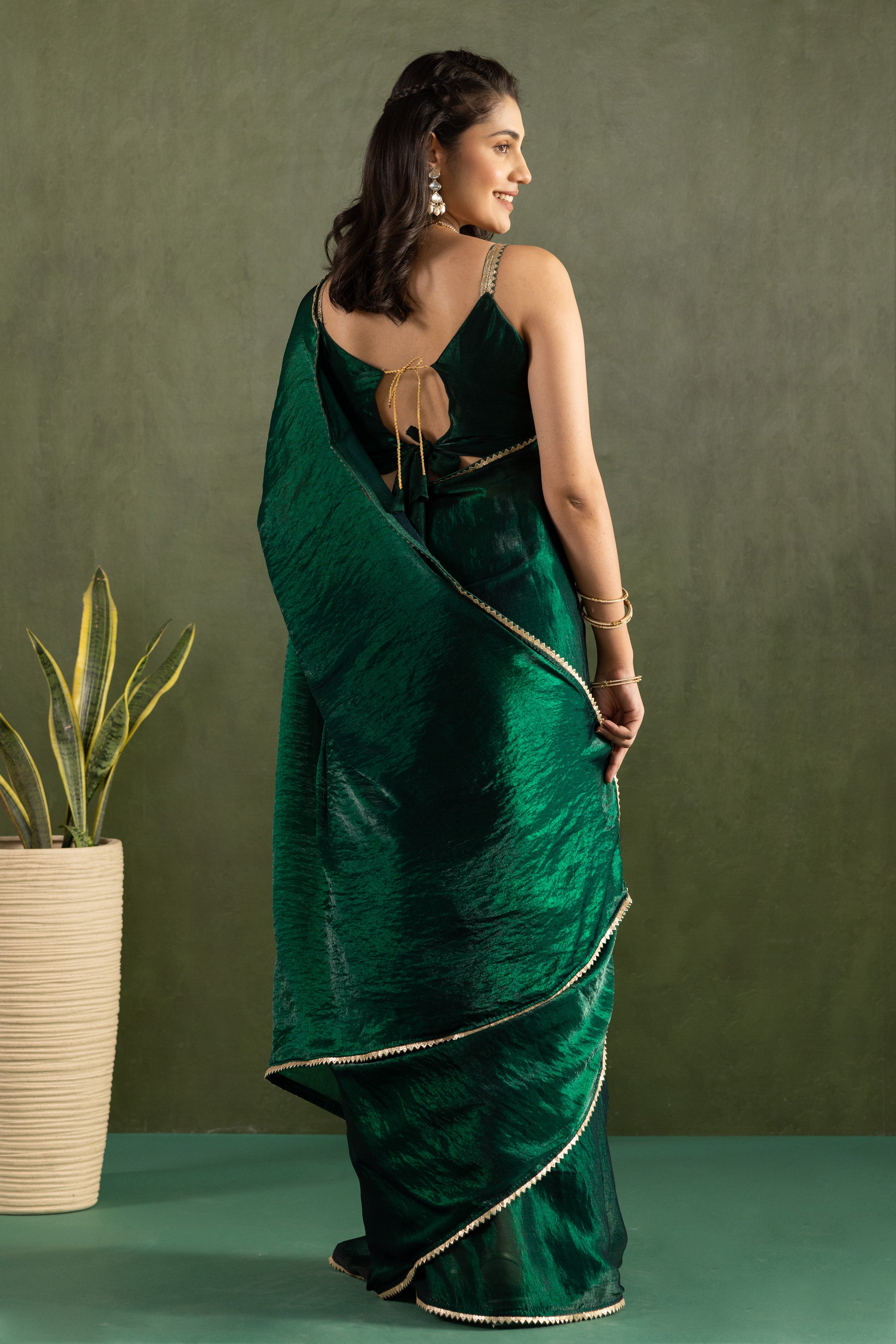 Green Chiffon Ready To Wear Designer Solid Partywear Saree