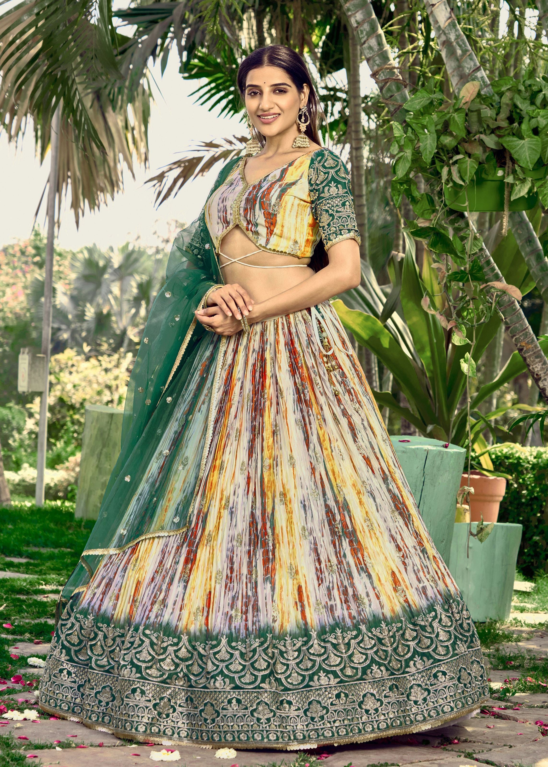 Green Chinon Lehenga Choli With Sequins, Zari Embroidery Work with Digital Print