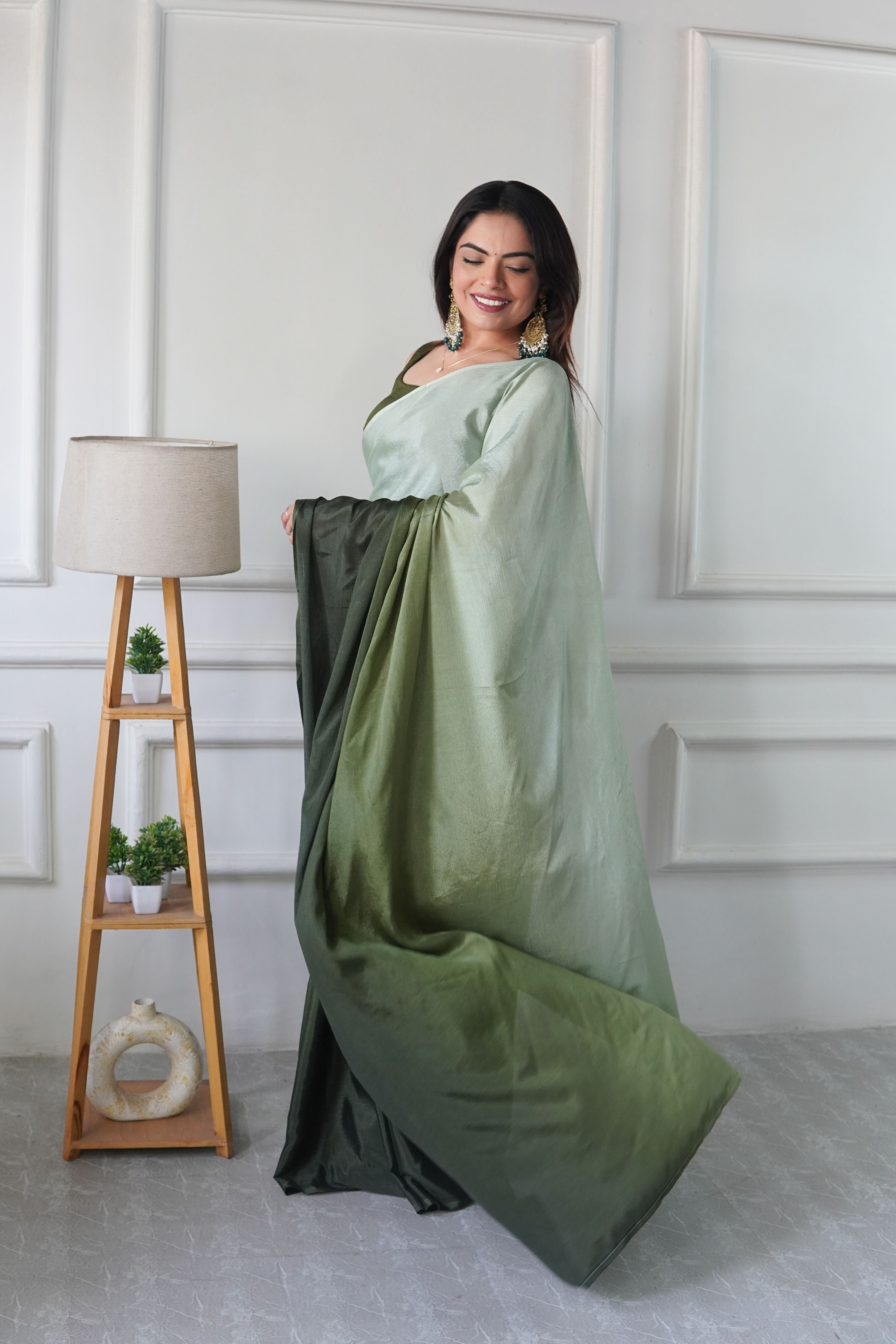Green Chinon Pedding Solid Designer Ready To Wear Saree