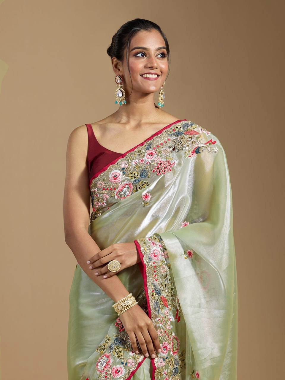 Green Colour Organza Silk Heavy Work Saree