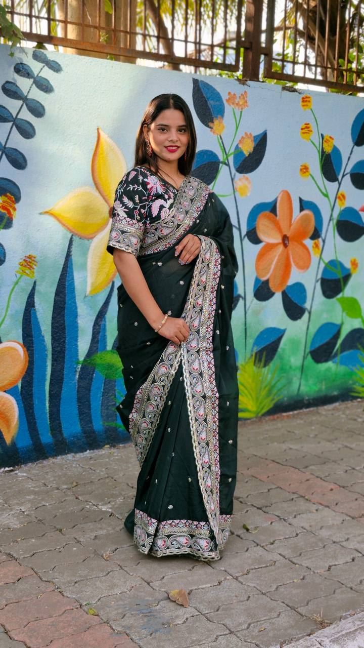 Green Colour Taby Silk Embroidery Work Saree