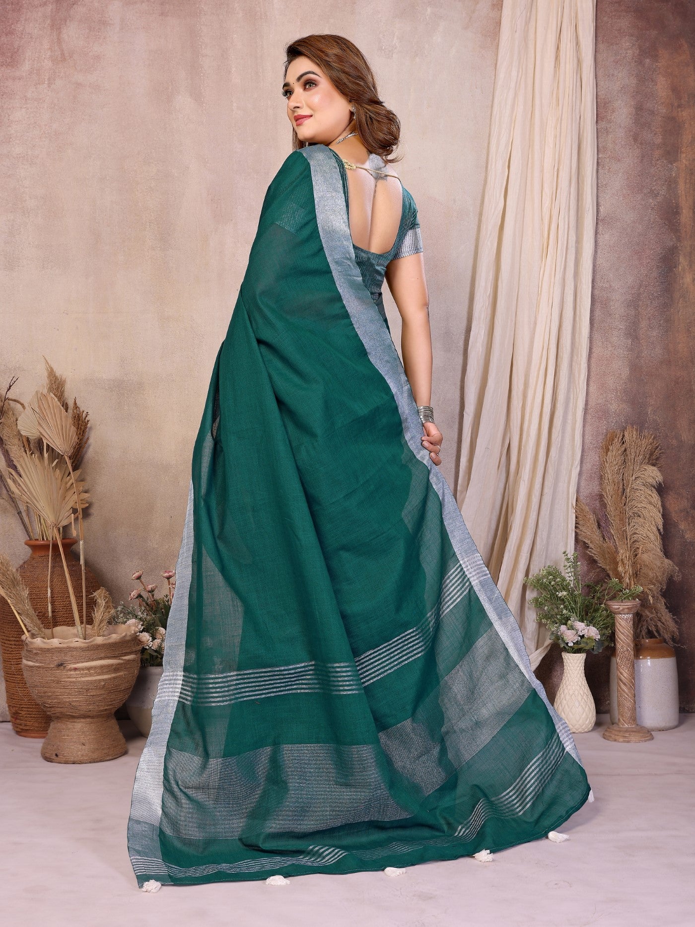 Green Cotton Saree With Designer Silver Zari Border