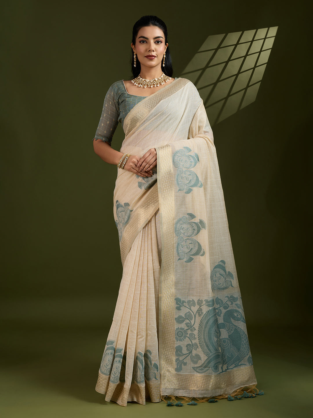 Green Cotton Saree with Self Checks and Kalamkari Pallu
