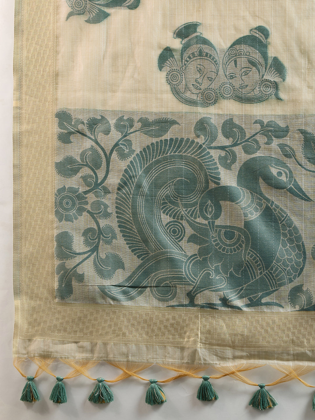 Green Cotton Saree with Self Checks and Kalamkari Pallu