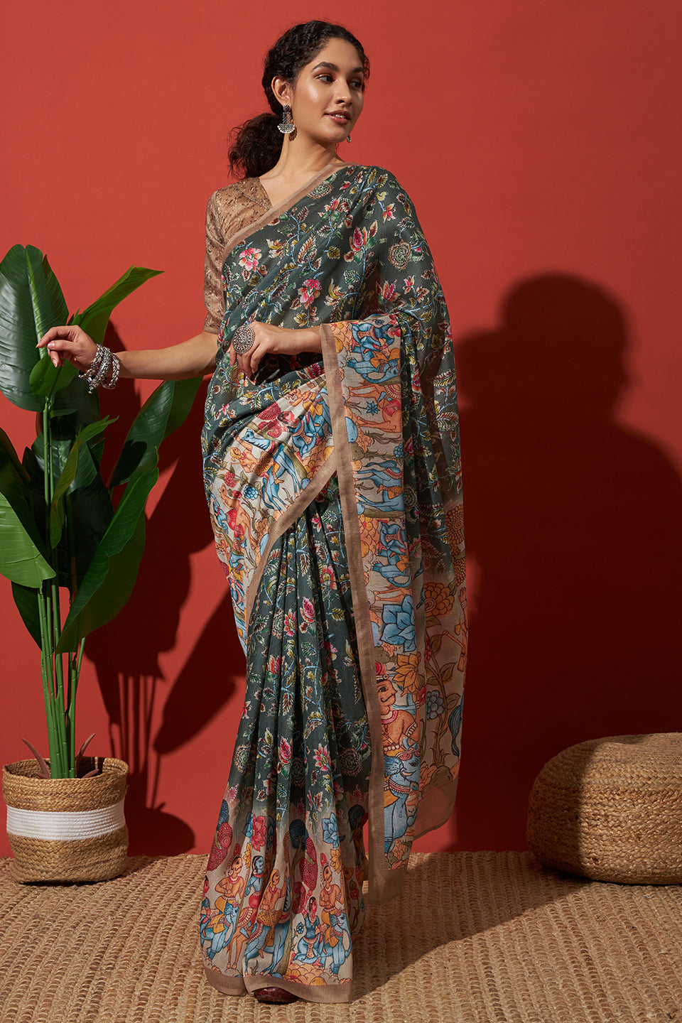 Green Cotton Silk Designer Digital Printed Ethnic Ceremonial Saree