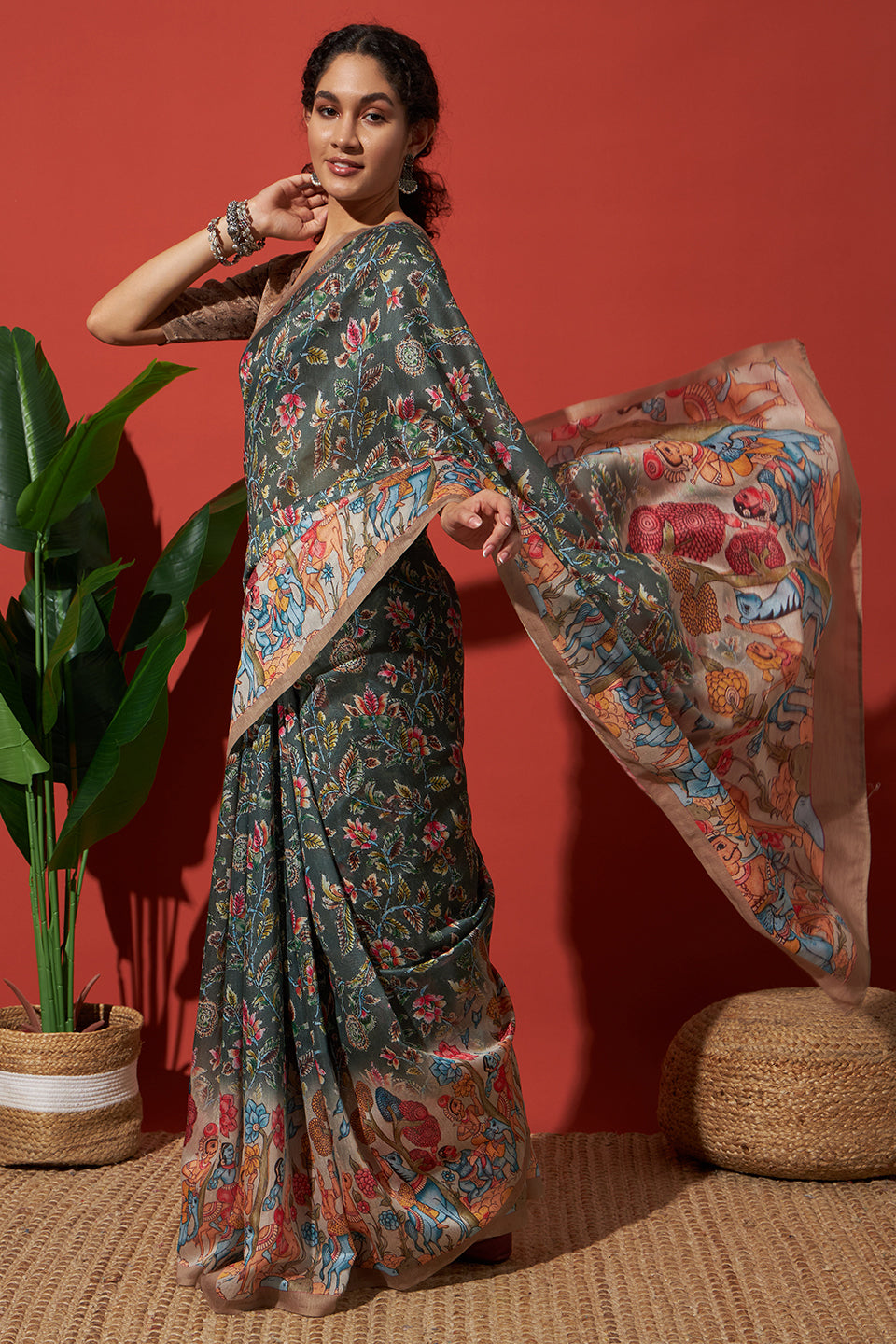 Green Cotton Silk Designer Digital Printed Ethnic Ceremonial Saree