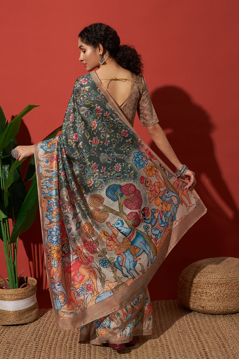 Green Cotton Silk Designer Digital Printed Ethnic Ceremonial Saree
