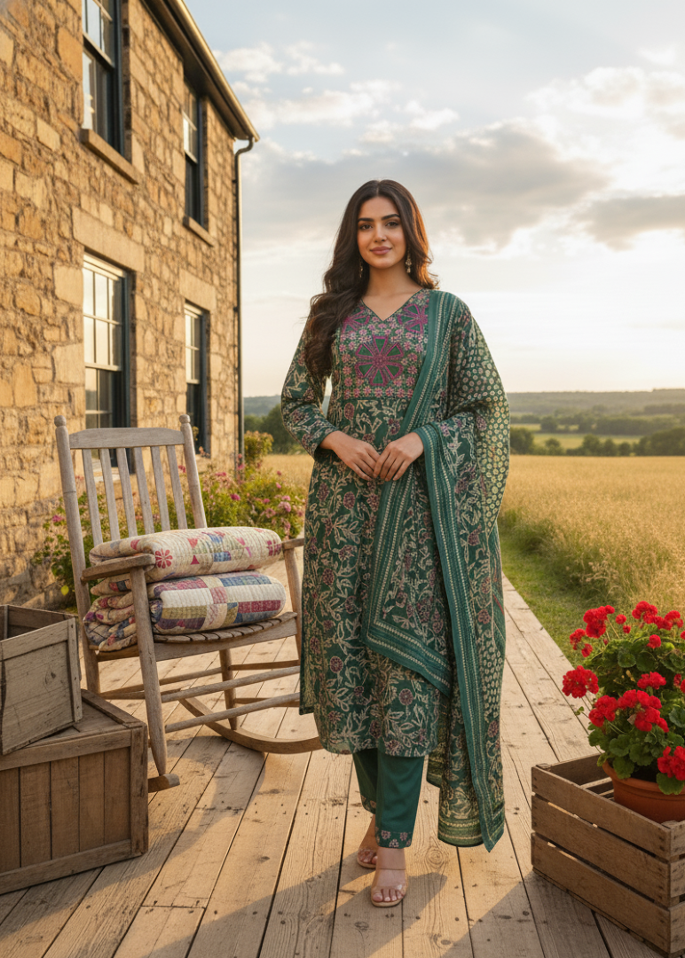Green Cotton Silk Designer Suit Set With Elegant Embroidery