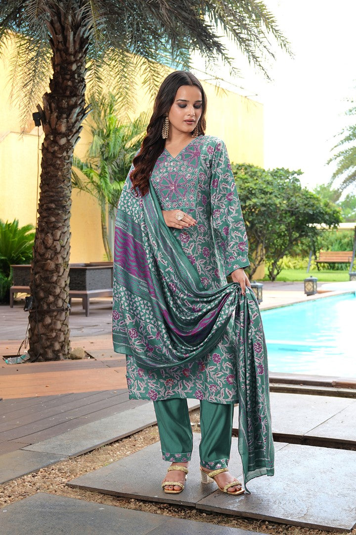 Green Cotton Silk Designer Suit Set With Elegant Embroidery