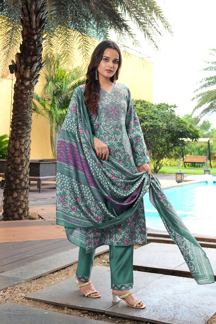 Green Cotton Silk Designer Suit Set With Elegant Embroidery
