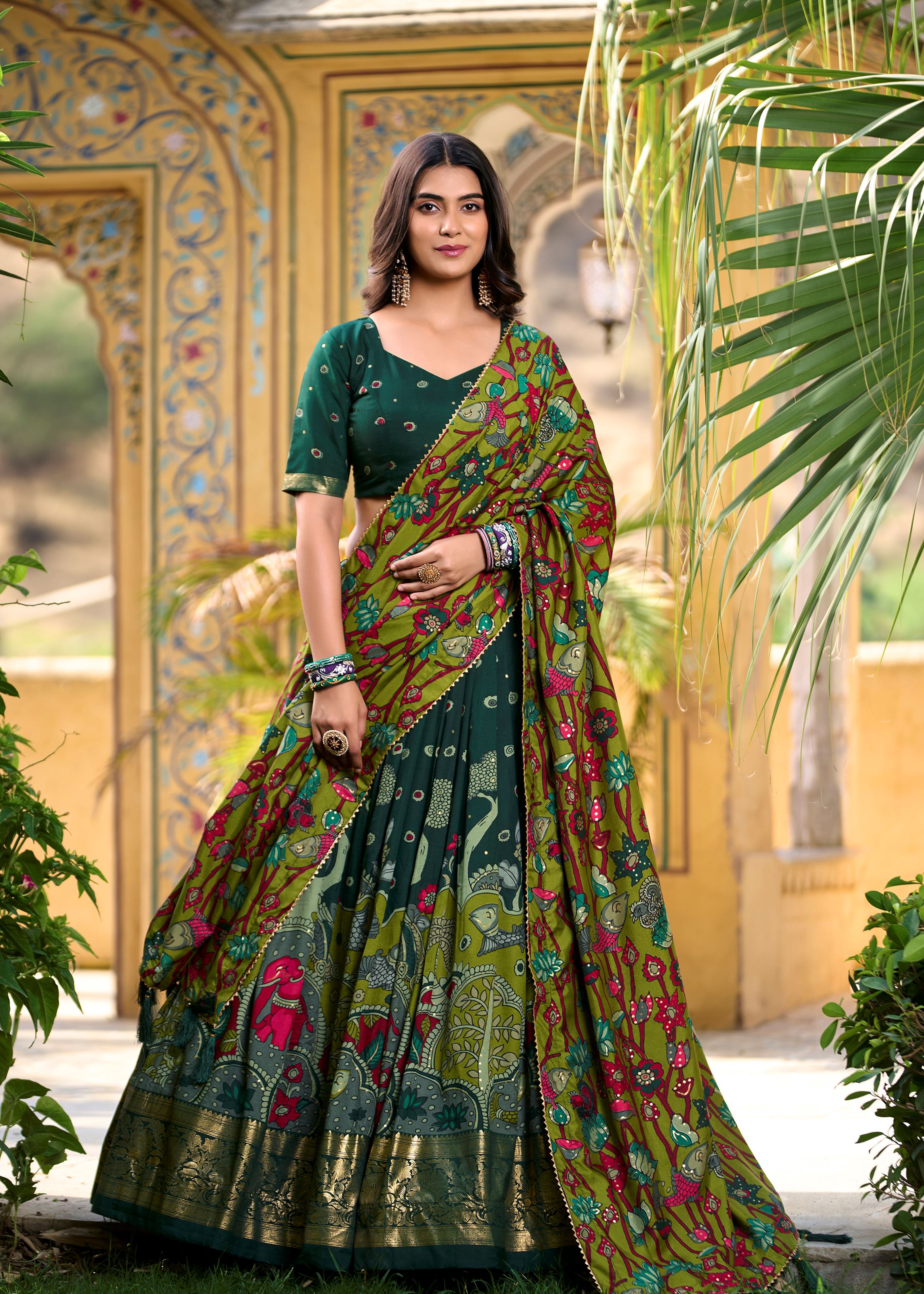 Green Elegance- Tussar Silk Kalamkari Print Lehenga with Foil Work Finish