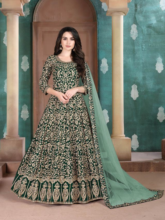 Green Faux Georgette Heavy Embroidery with Embroidered lace dupatta  Anarkali Suits