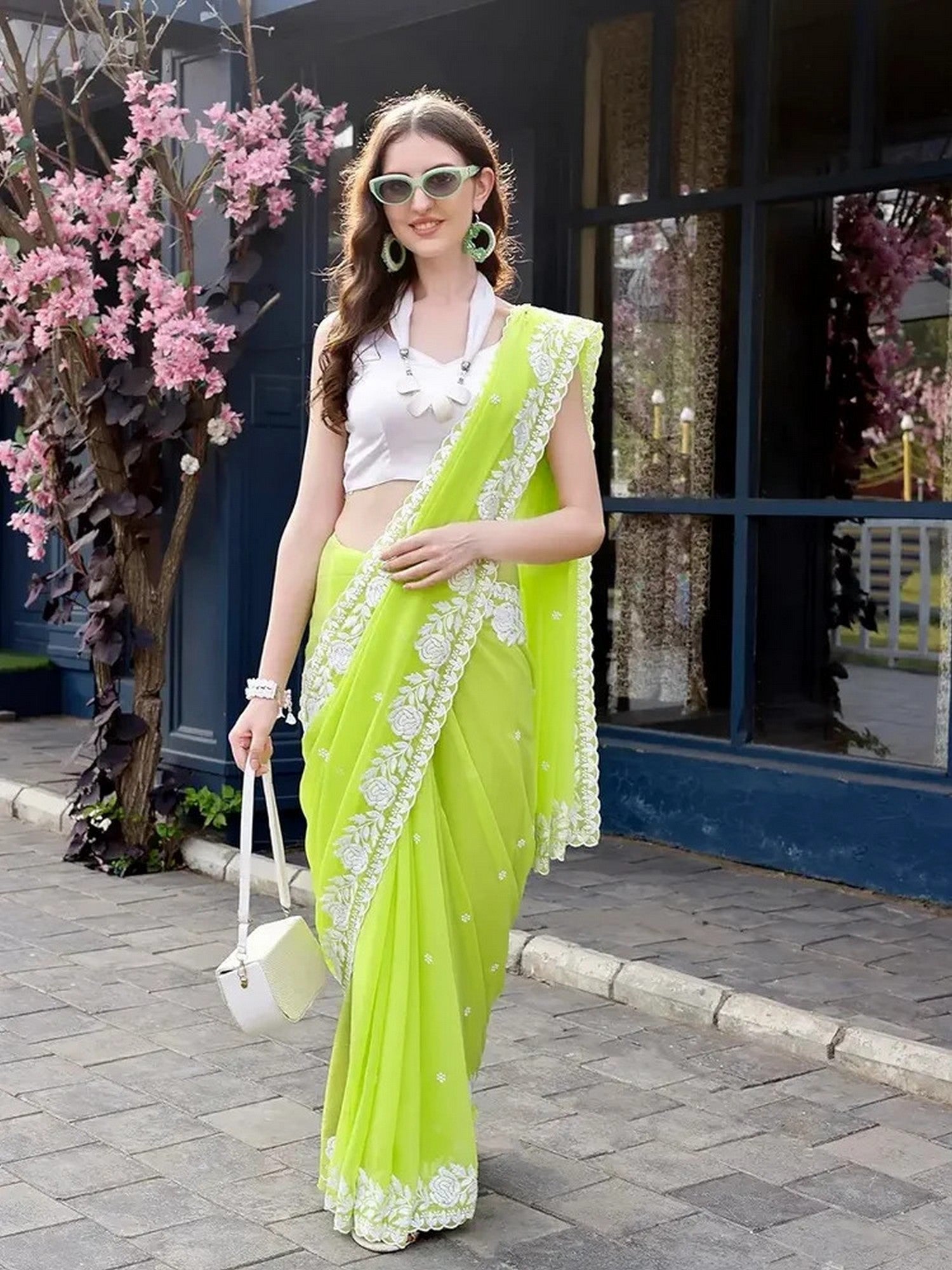Green Georgette Designer Embroidery Work Heavy Partywear Saree