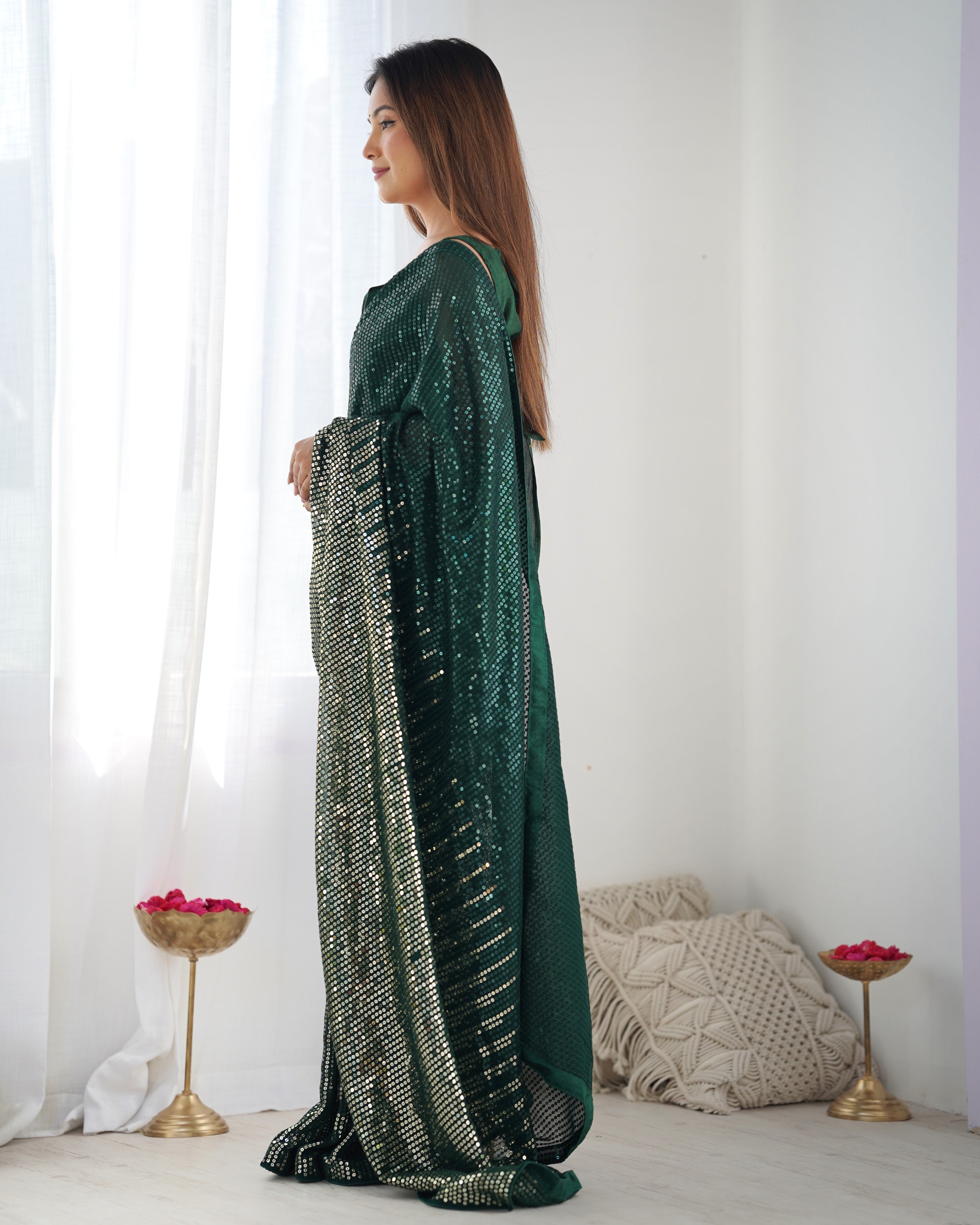 Green Georgette Designer Sequance Embroidery Work Bollywood Style Partywear Saree