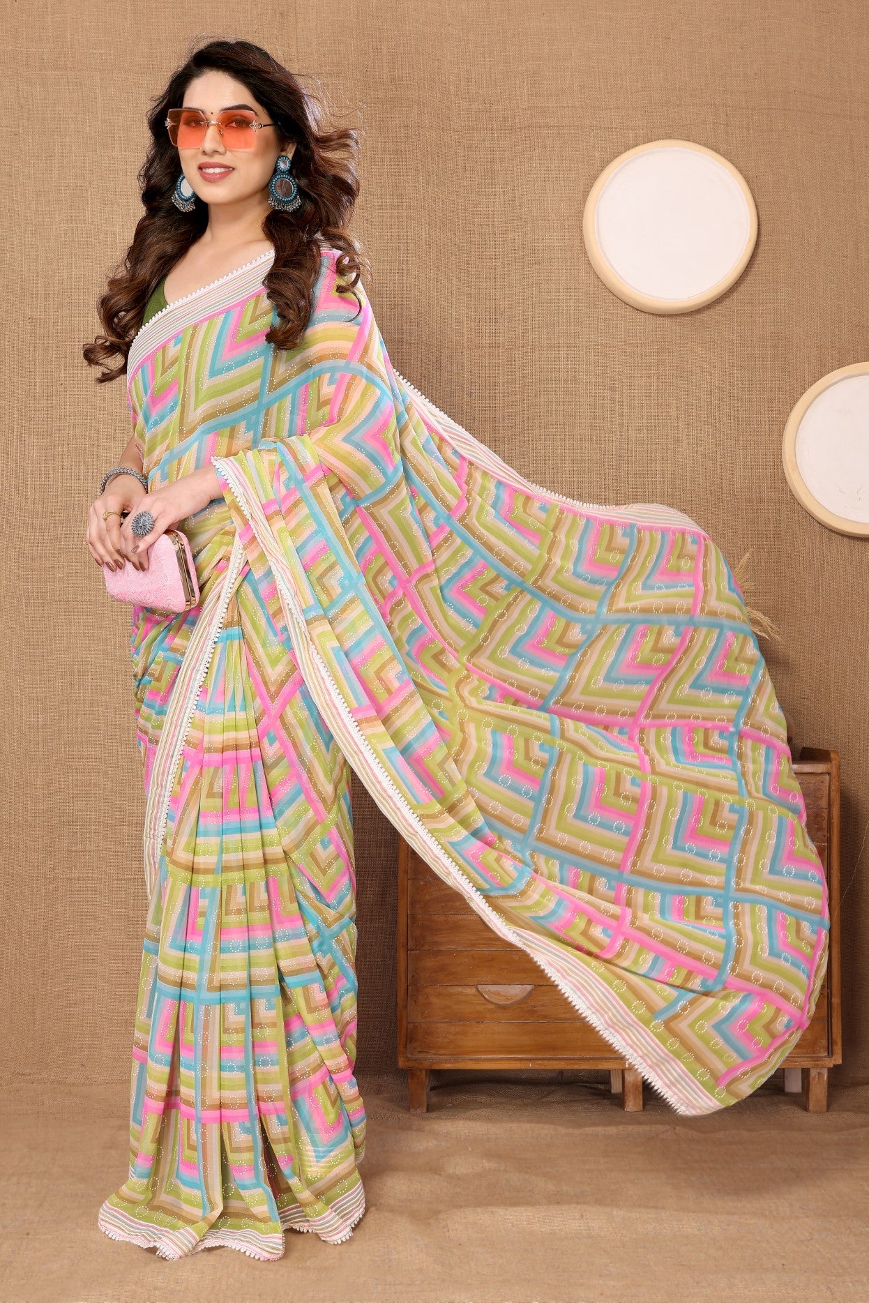 Green Georgette Ready-to-Wear Printed Saree with Lace