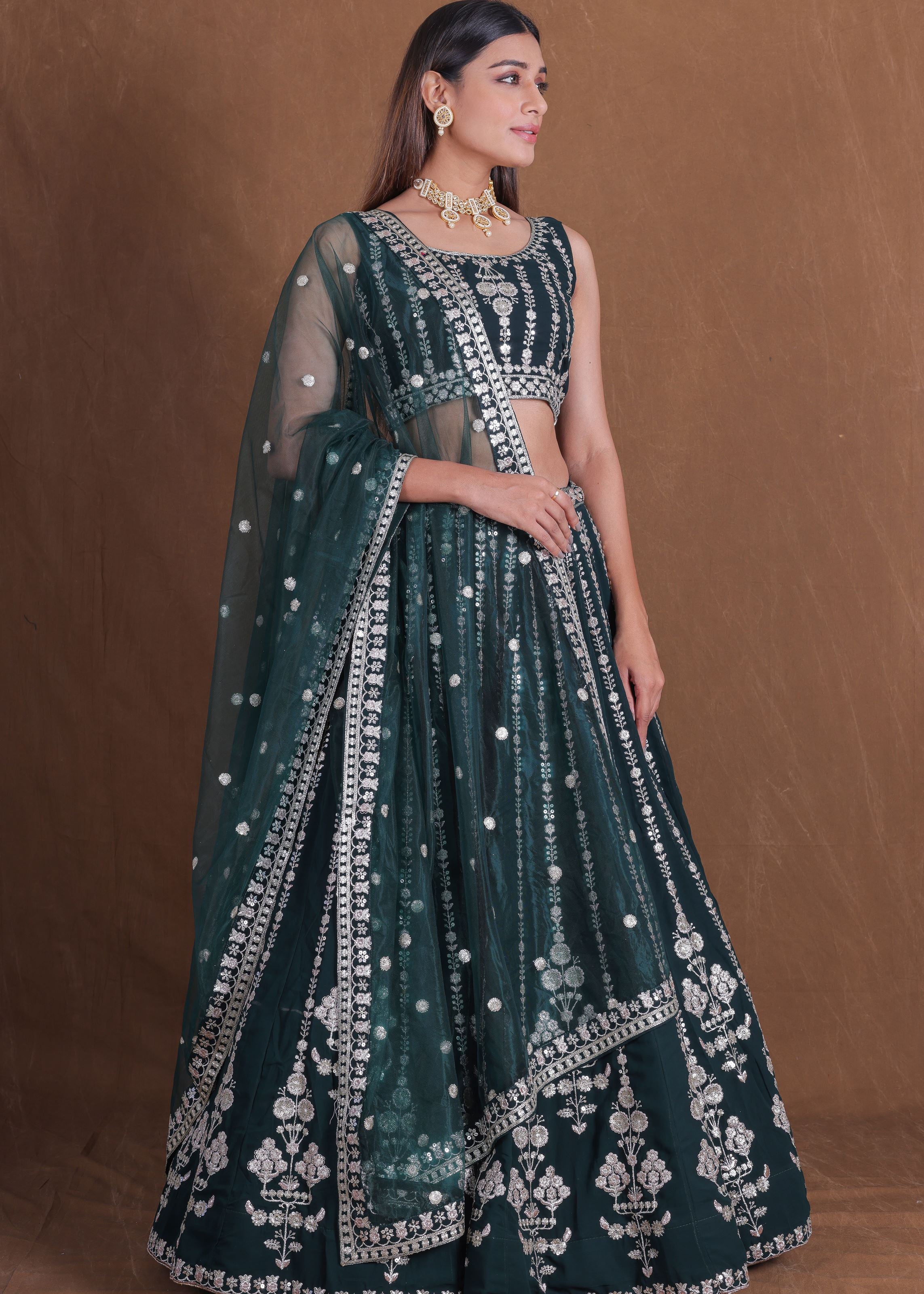 Green Georgette Thread Sequence Embroidery Work Lehenga Choli