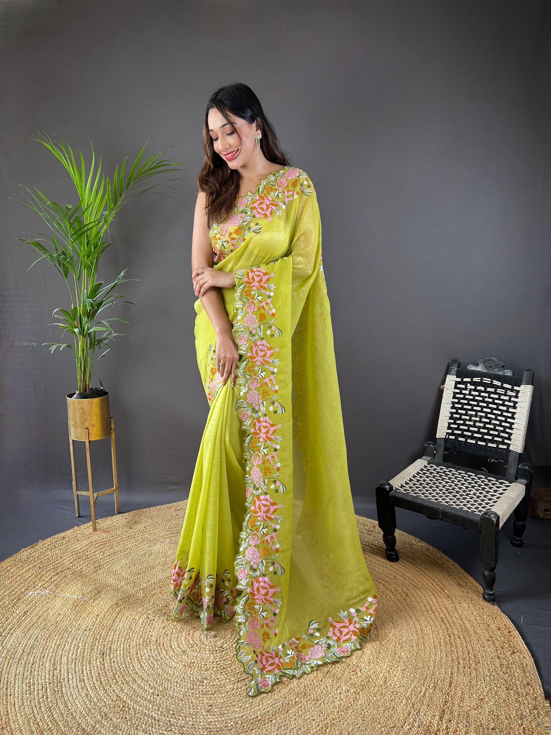 Green Glossy Silk Cross Stich Embroidery Cut Work Adorable Partywear Girlie Saree