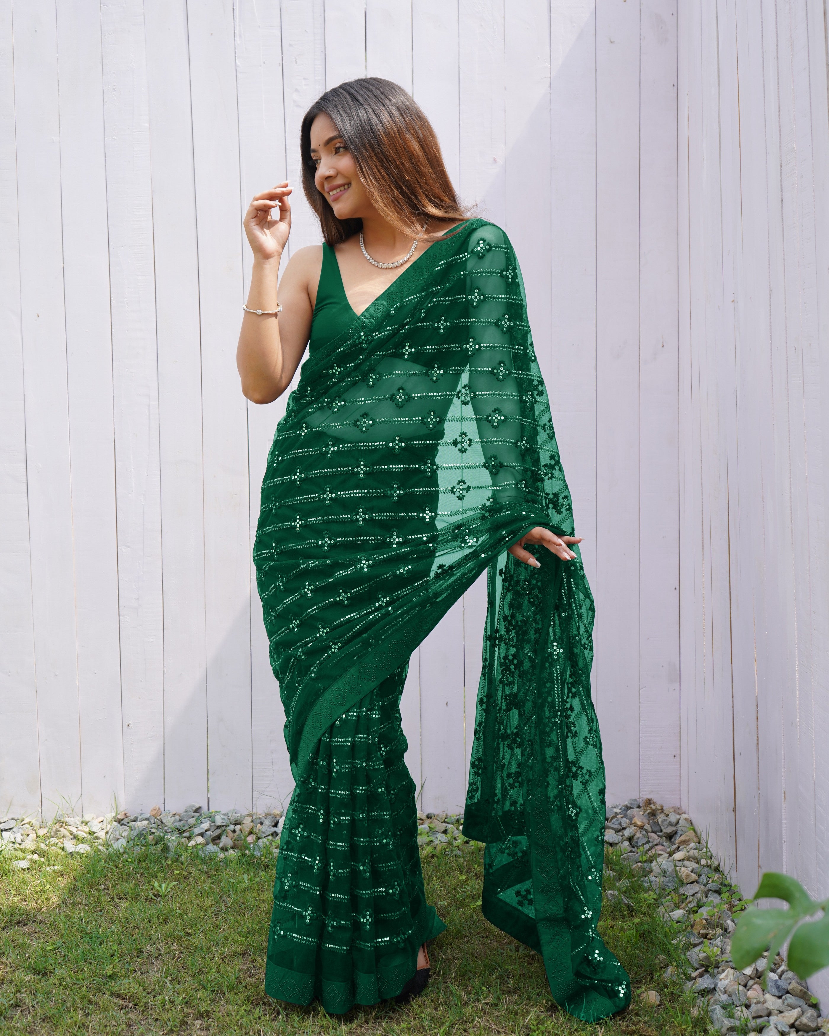 Green Graceful Butterfly Net Sequins Embroidery Saree With Diamond Work