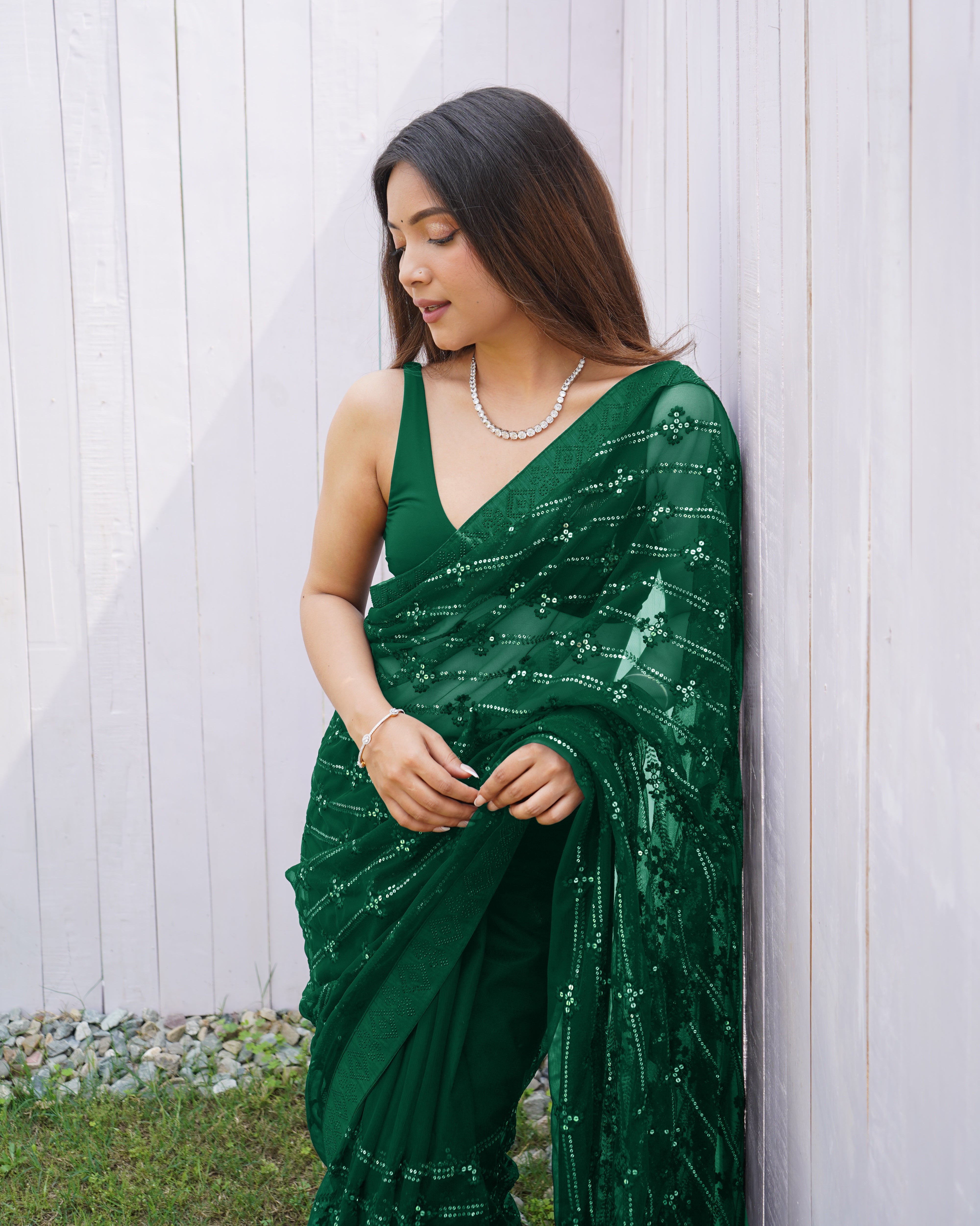 Green Graceful Butterfly Net Sequins Embroidery Saree With Diamond Work