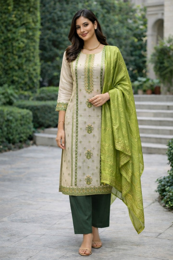 Green Jacquard Silk Designer Suit Set With Rich Woven Patterns
