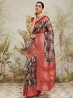 Green Jacquard Silk Saree With Beautiful Floral Print Designer
