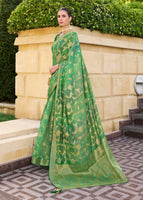 Green Jacquard Silk Woven Saree With Embroidered Blouse
