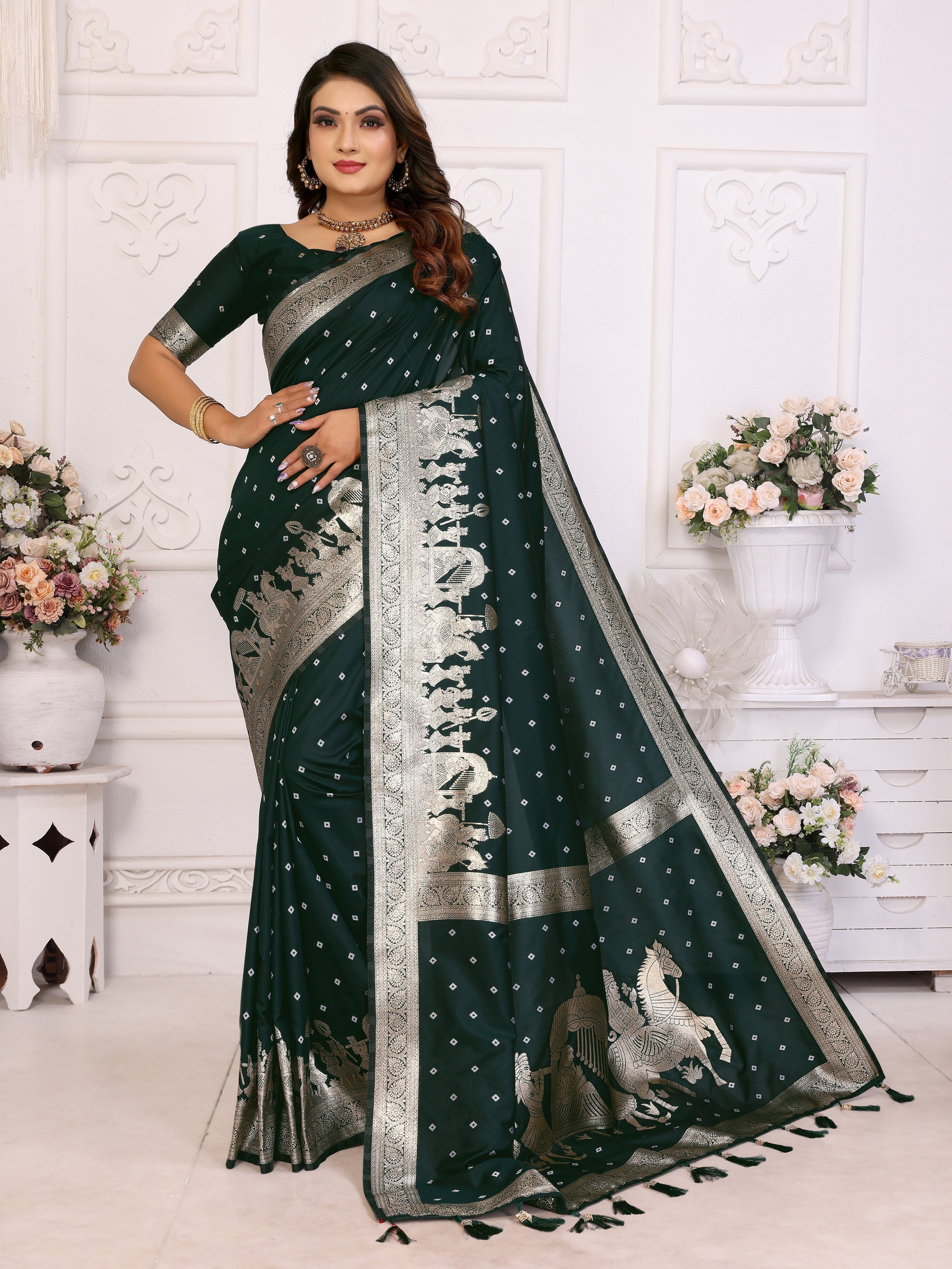 Green Kochi Silk Ethnic Woven Jari Bandhej Designer Festive Saree