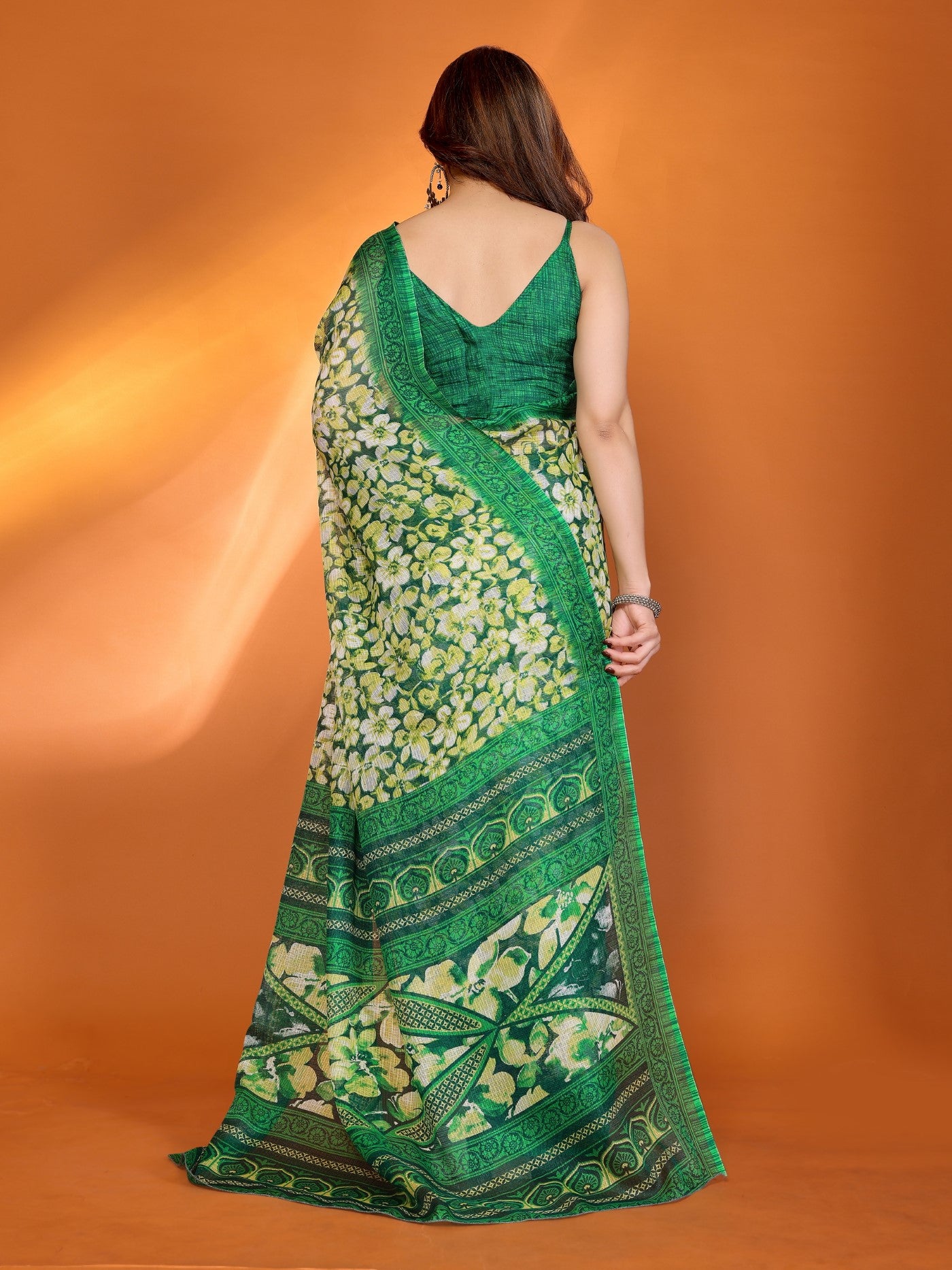 Green Kota Doriya Saree With Traditional Printed Design