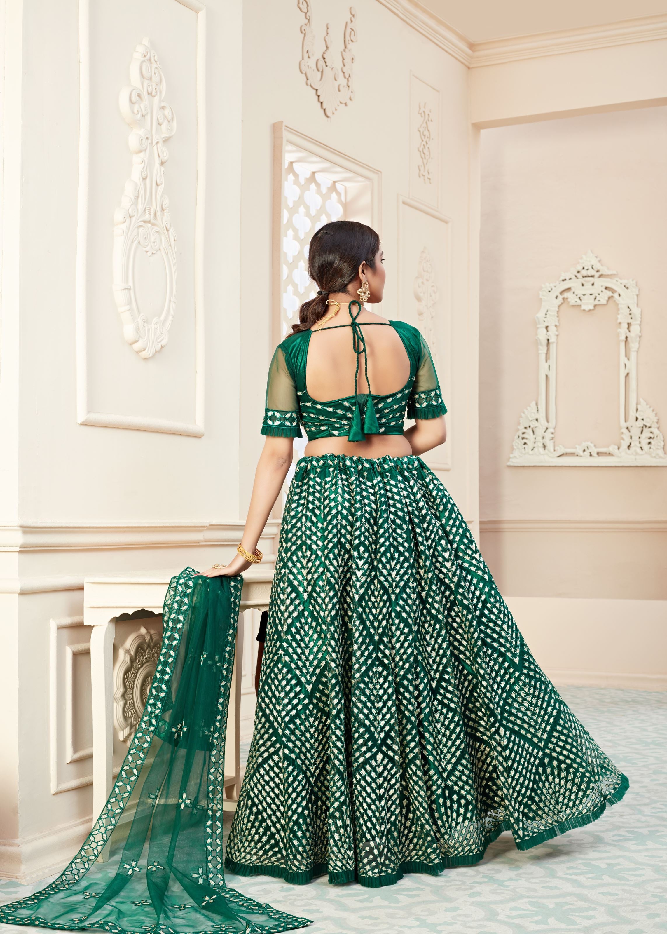 Green Lehenga Choli With Badla Thread Embroidered Work