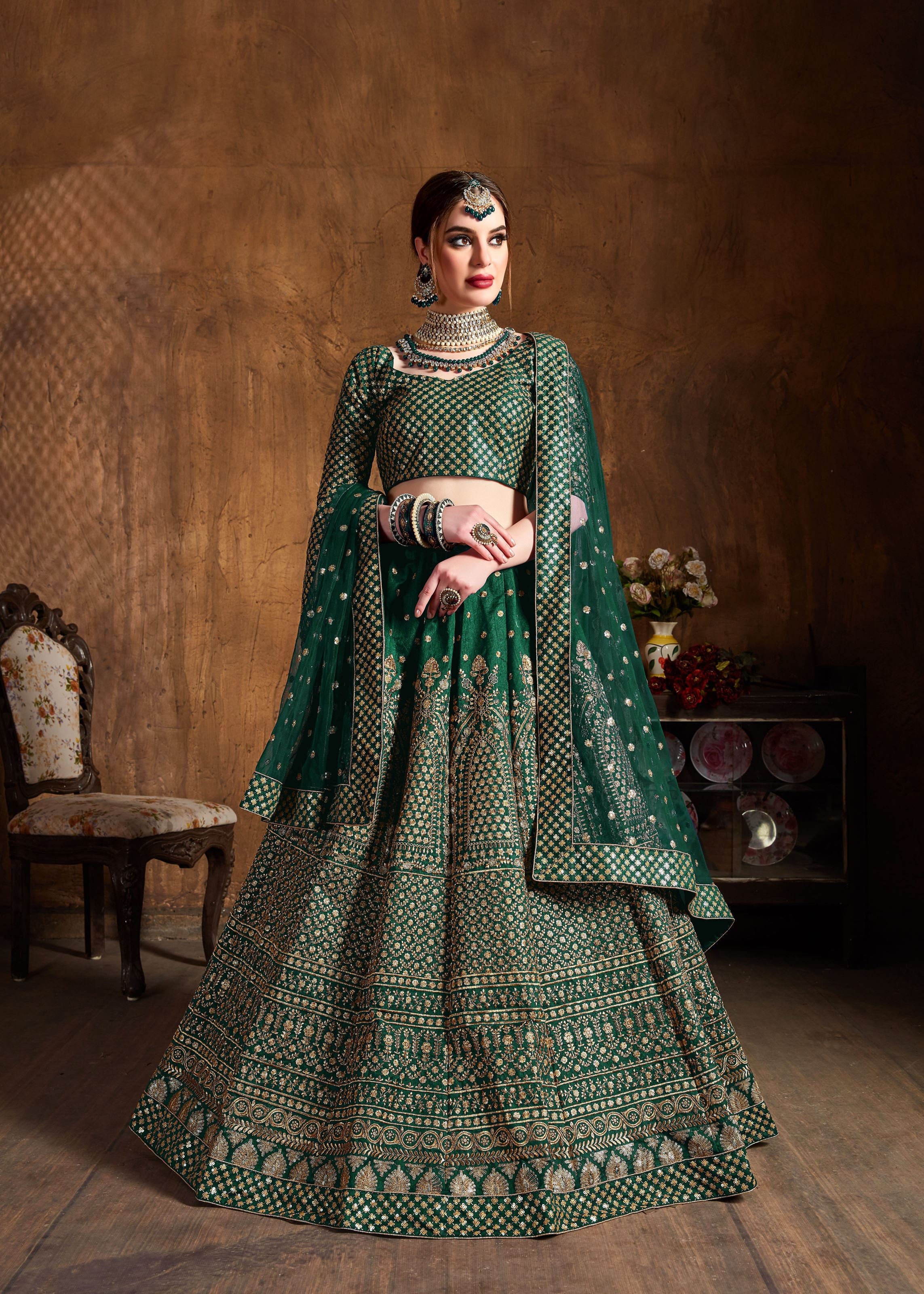 Green Lehenga Choli With Zari And Glitter Sequins Embroidery
