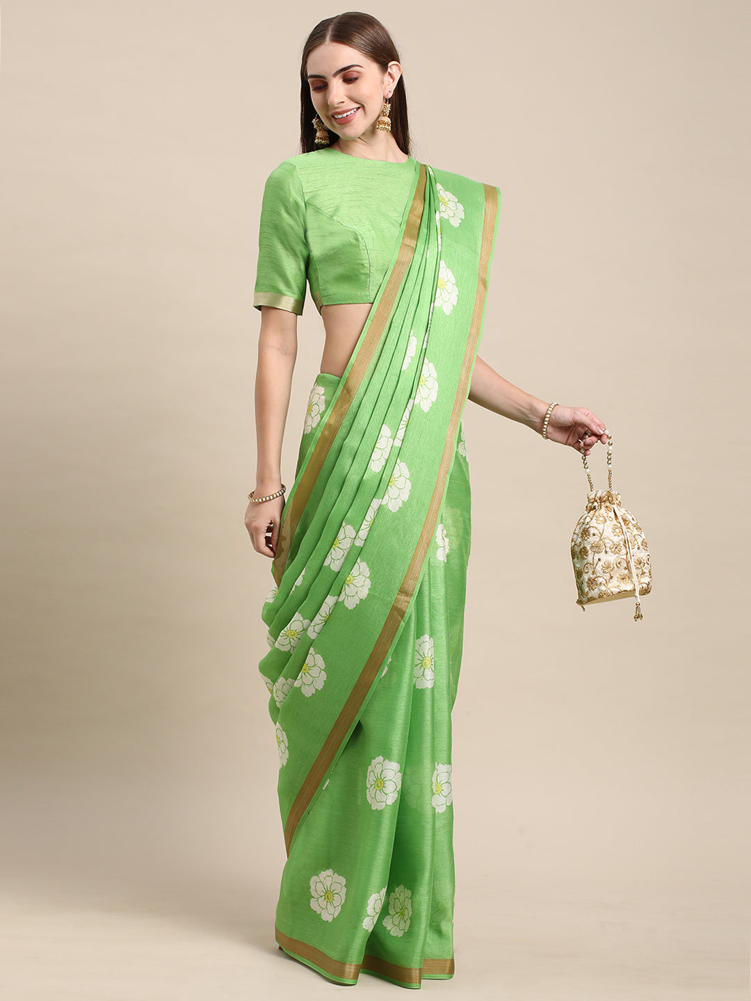 Green Linen Cotton Printed Saree For Daily Wear