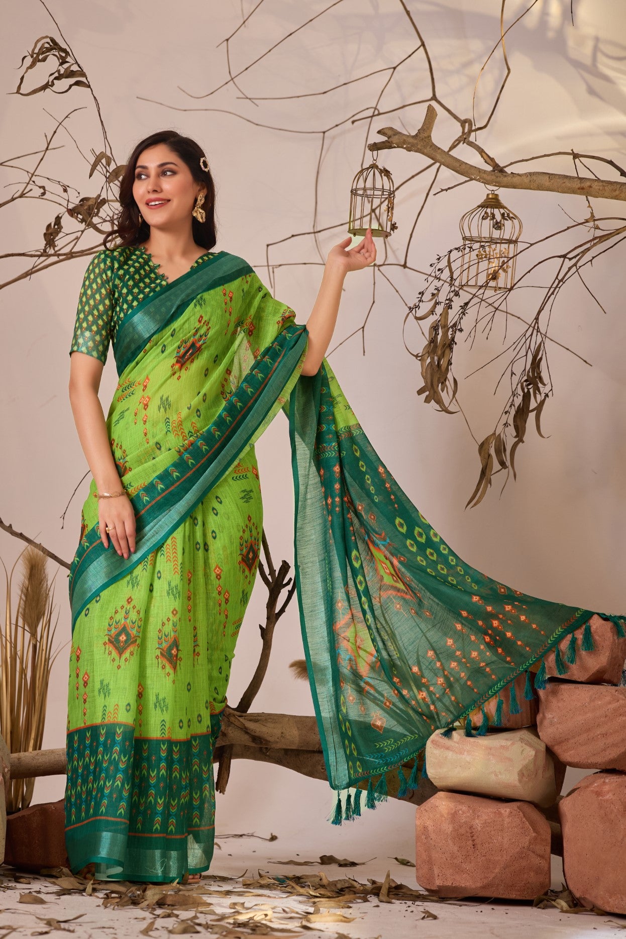 Green Linen Cotton Saree with Digital Print