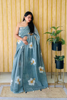 Green Linen Floral Printed Girlie Looks Saree