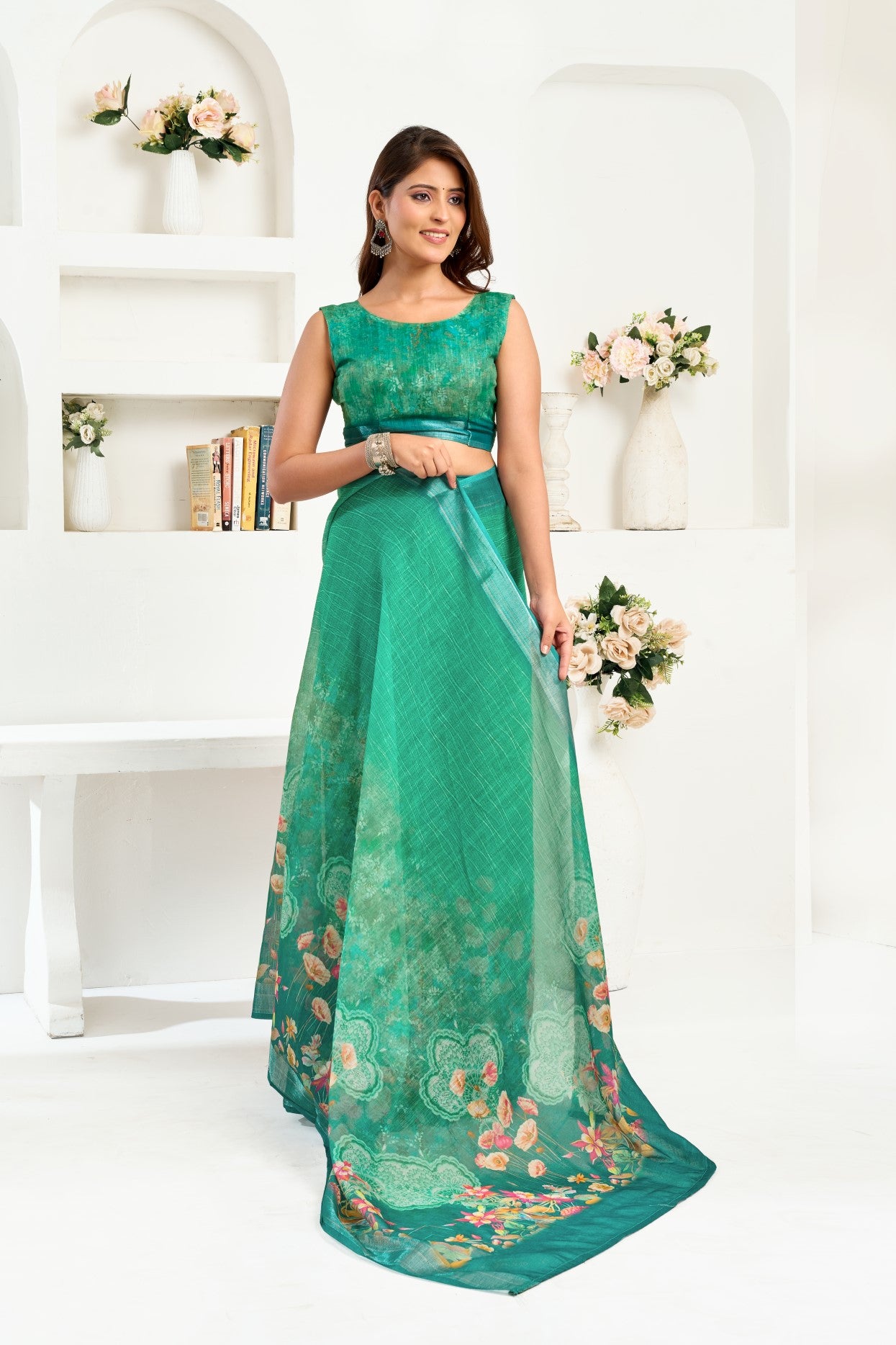 Green Linen Ready To Wear Saree With Zari Border Printed