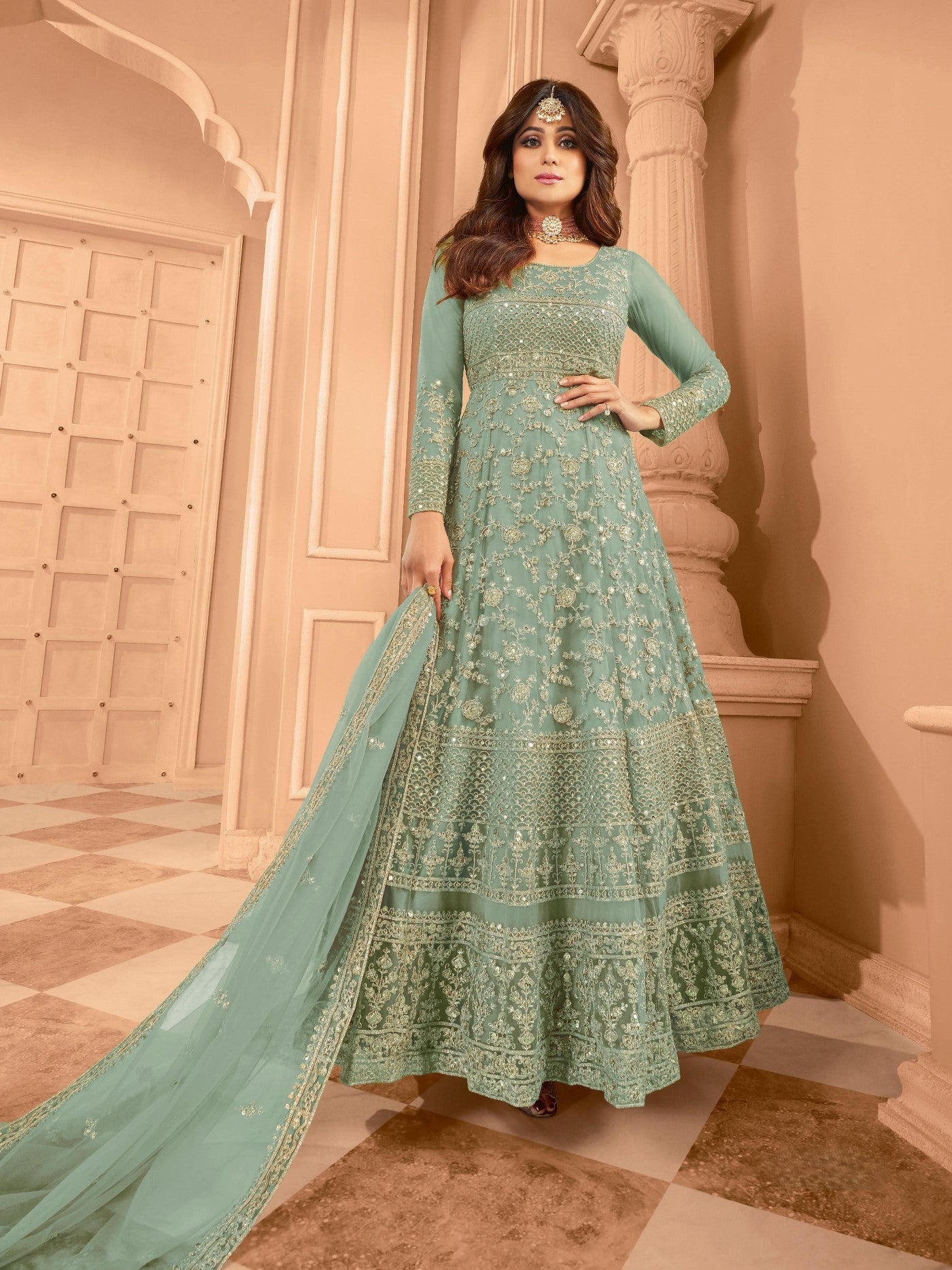 Green Net Designer Suit Set With Intricate Embroidery