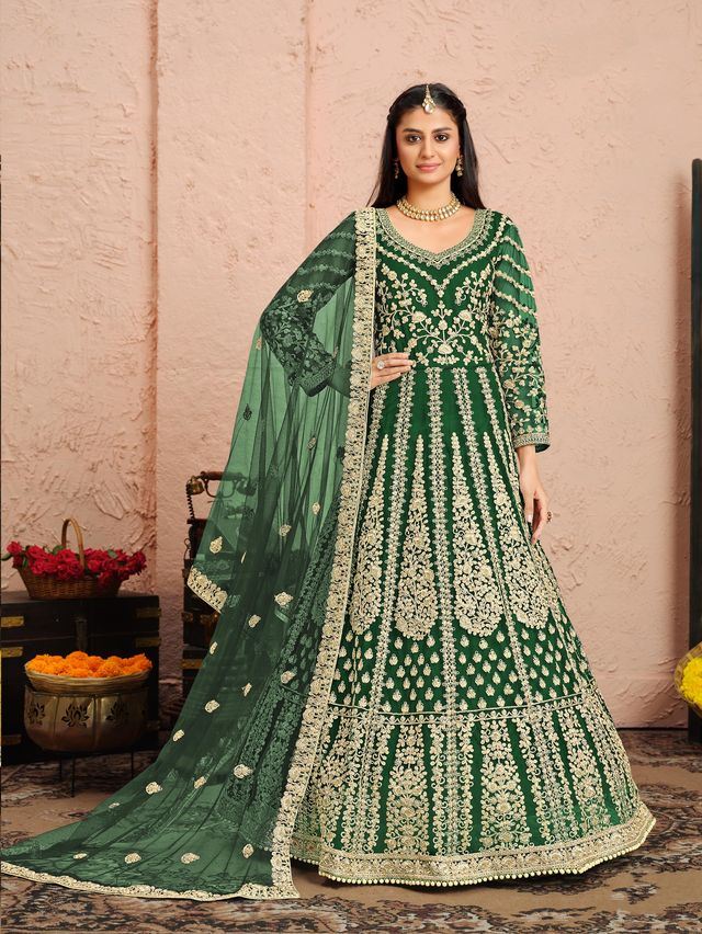 Green Net Heavy Thread Embroidery And Zari Work  Anarkali Suits