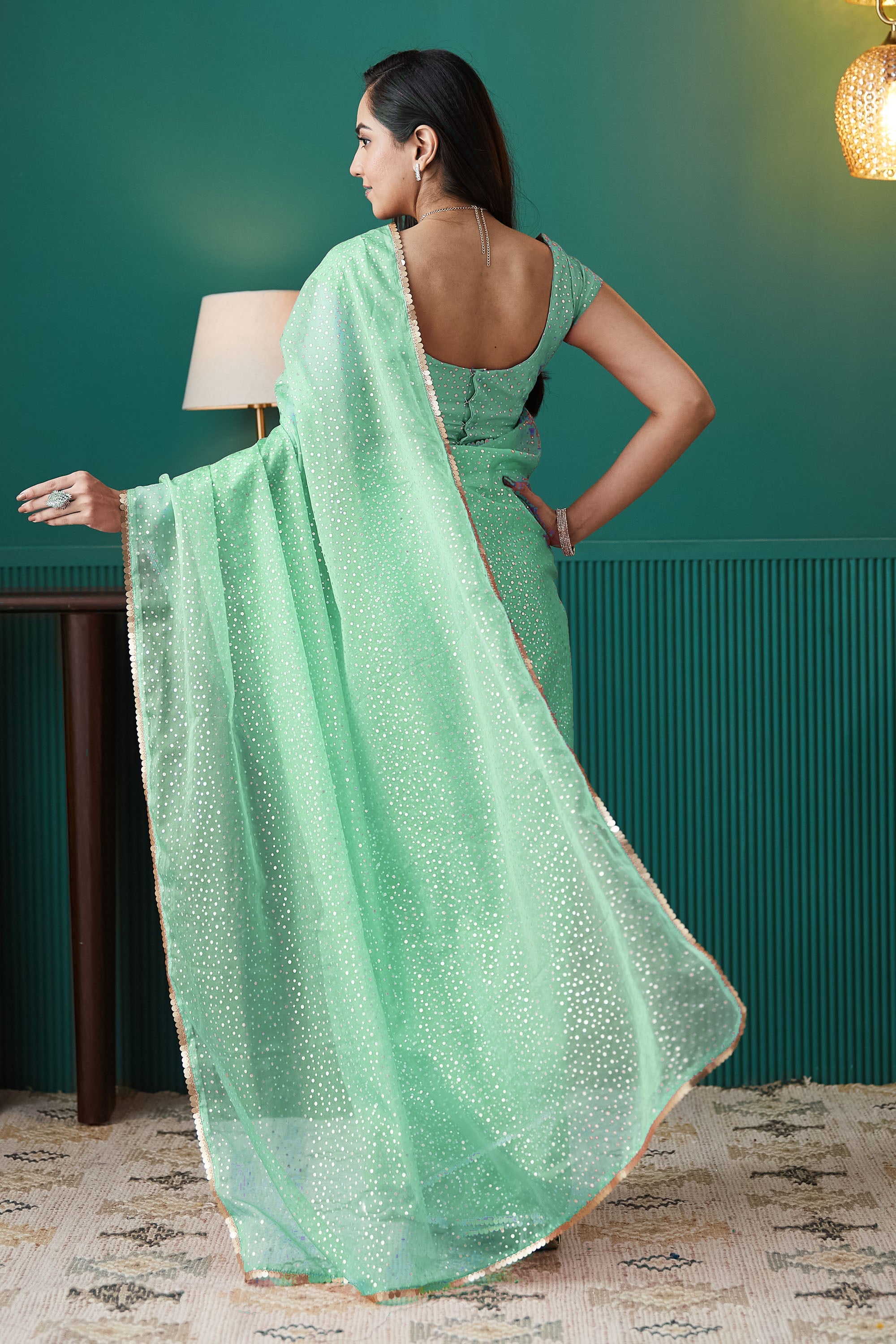Green Organza Designer Foil Printed Partywear Saree