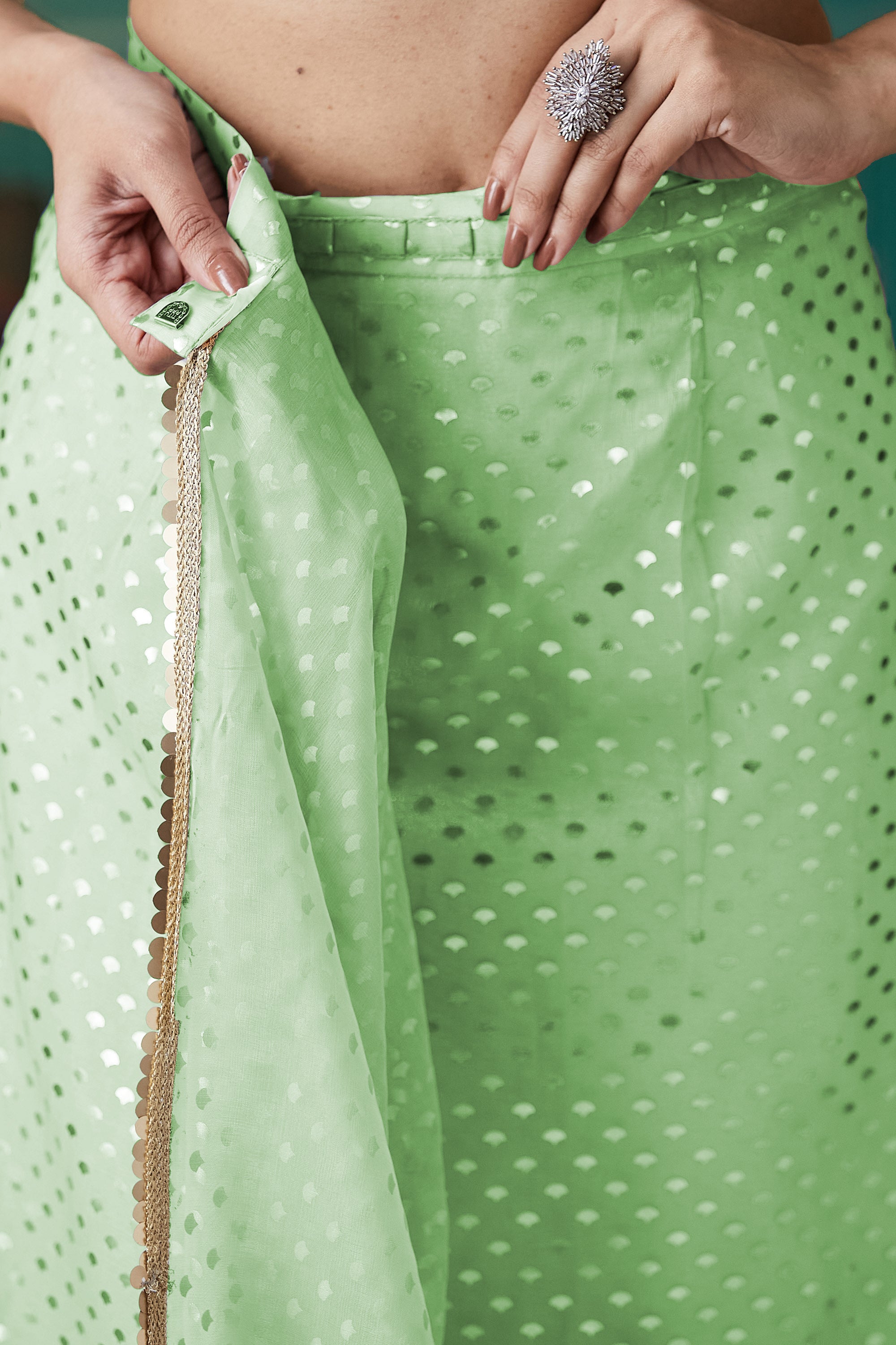 Green Organza Designer Foil Printed Ready To Wear Saree