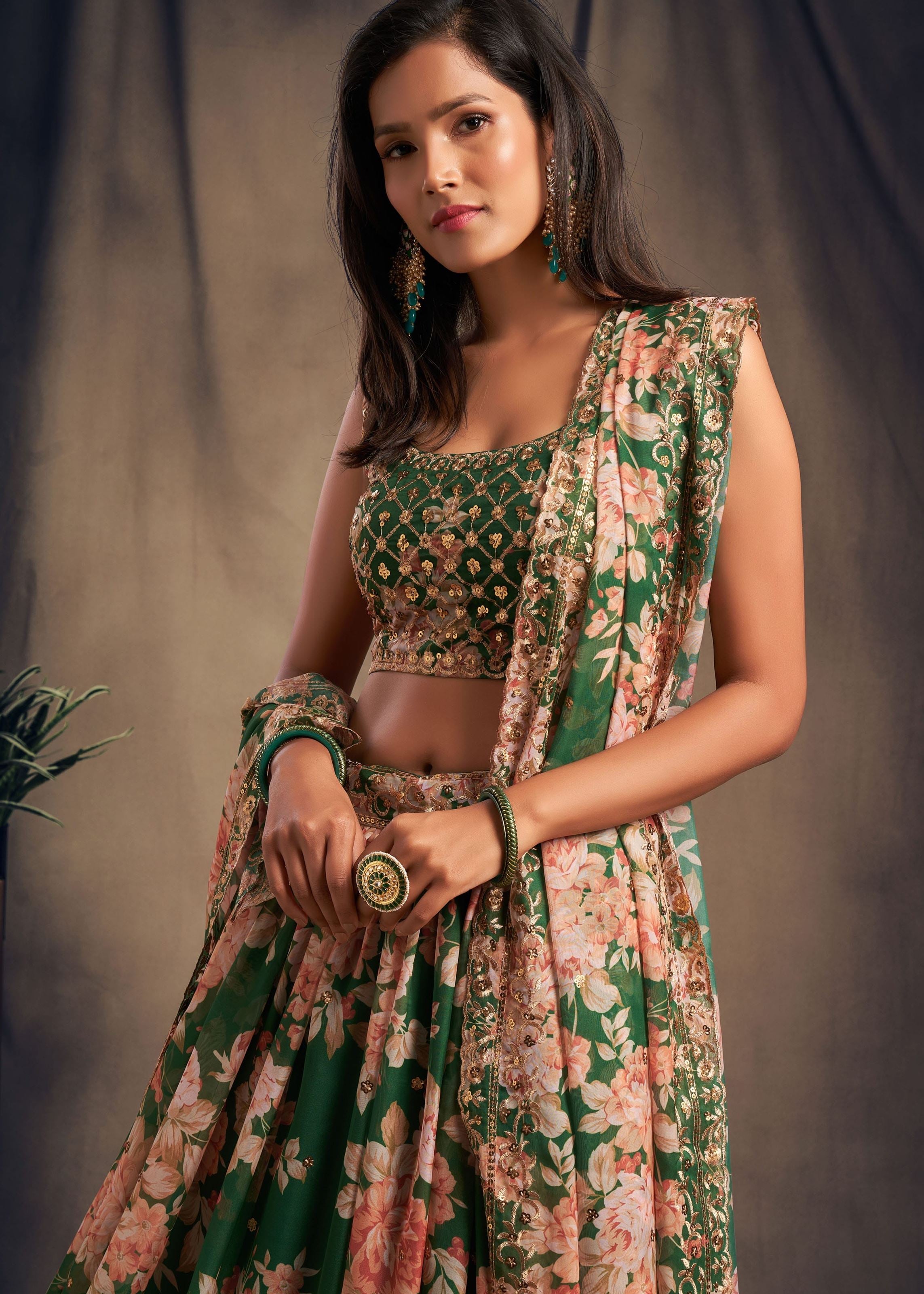 Green Organza Lehenga Choli With Sequins Zari Embroidery Work