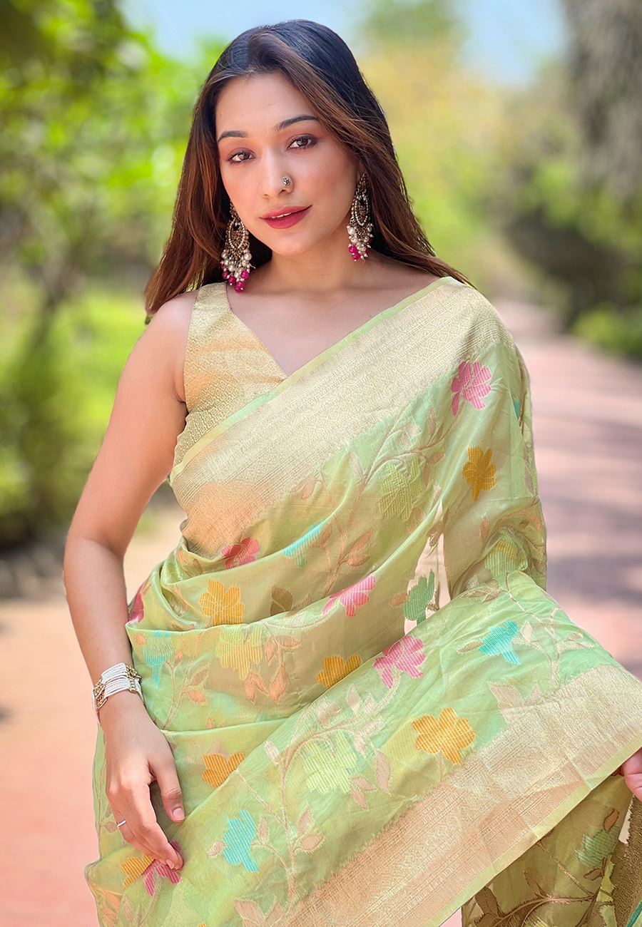 Green Organza Saree With Woven Work